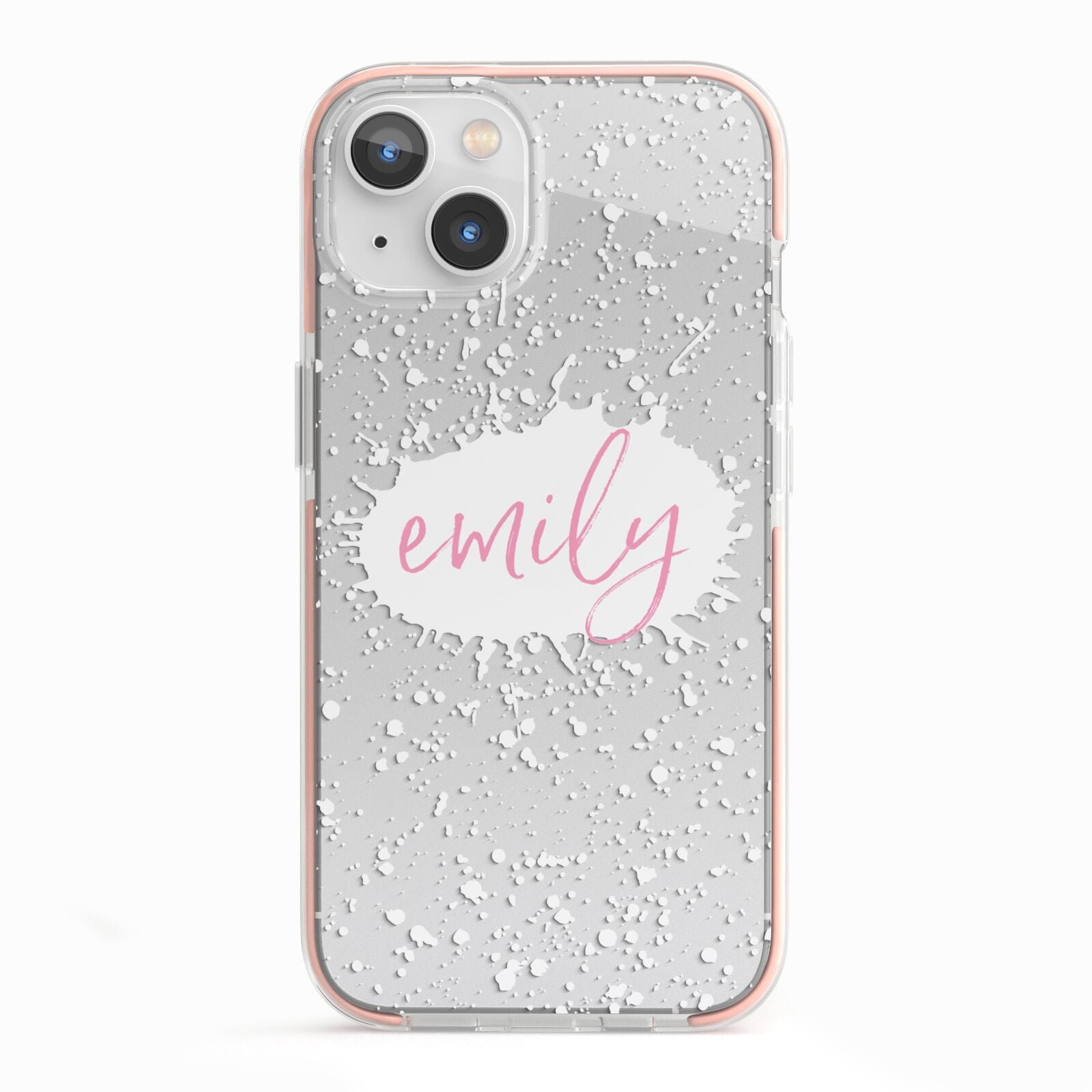 Personalised White Ink Splat Clear Name iPhone 13 TPU Impact Case with Pink Edges