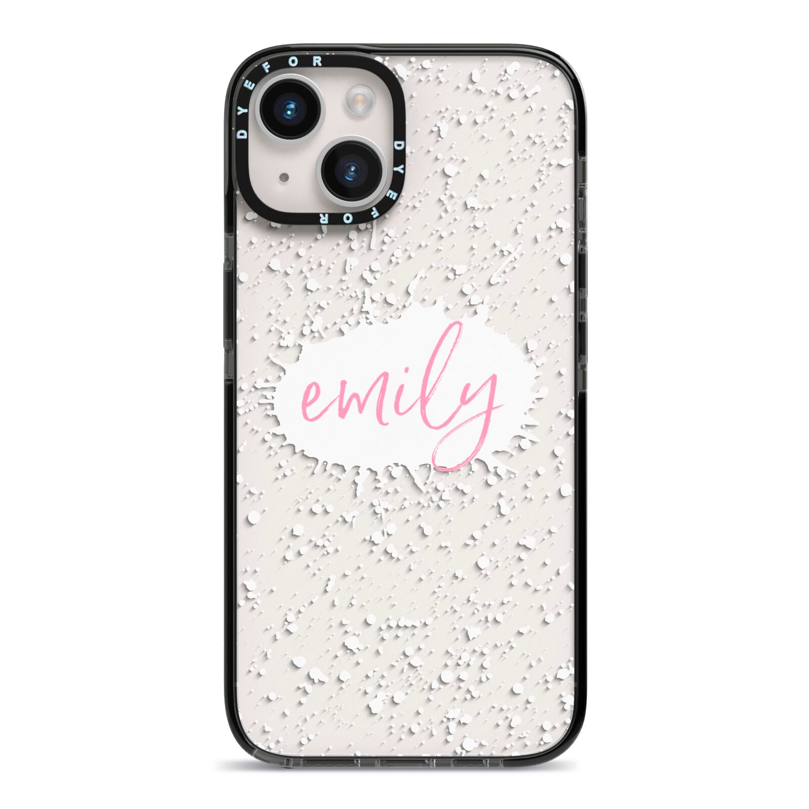 Personalised White Ink Splat Clear Name iPhone 14 Black Impact Case on Silver phone