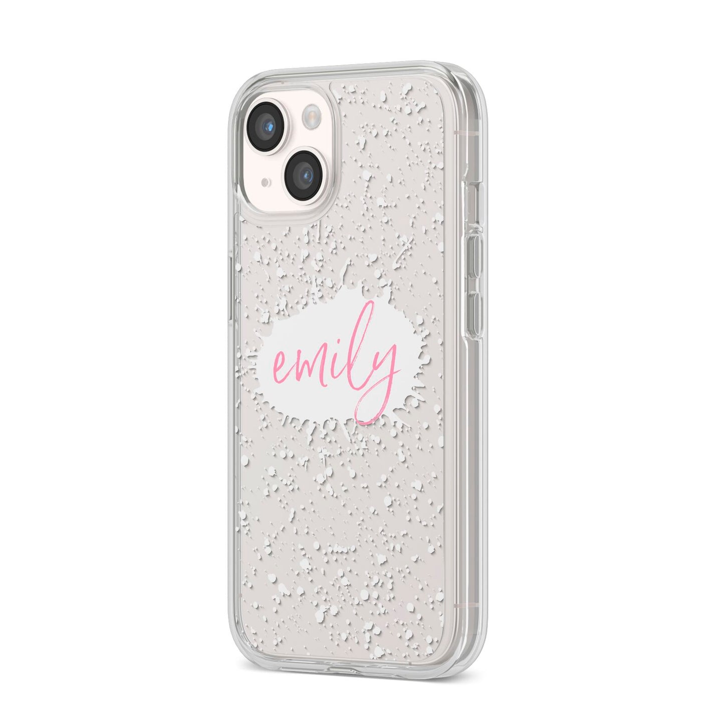 Personalised White Ink Splat Clear Name iPhone 14 Clear Tough Case Starlight Angled Image