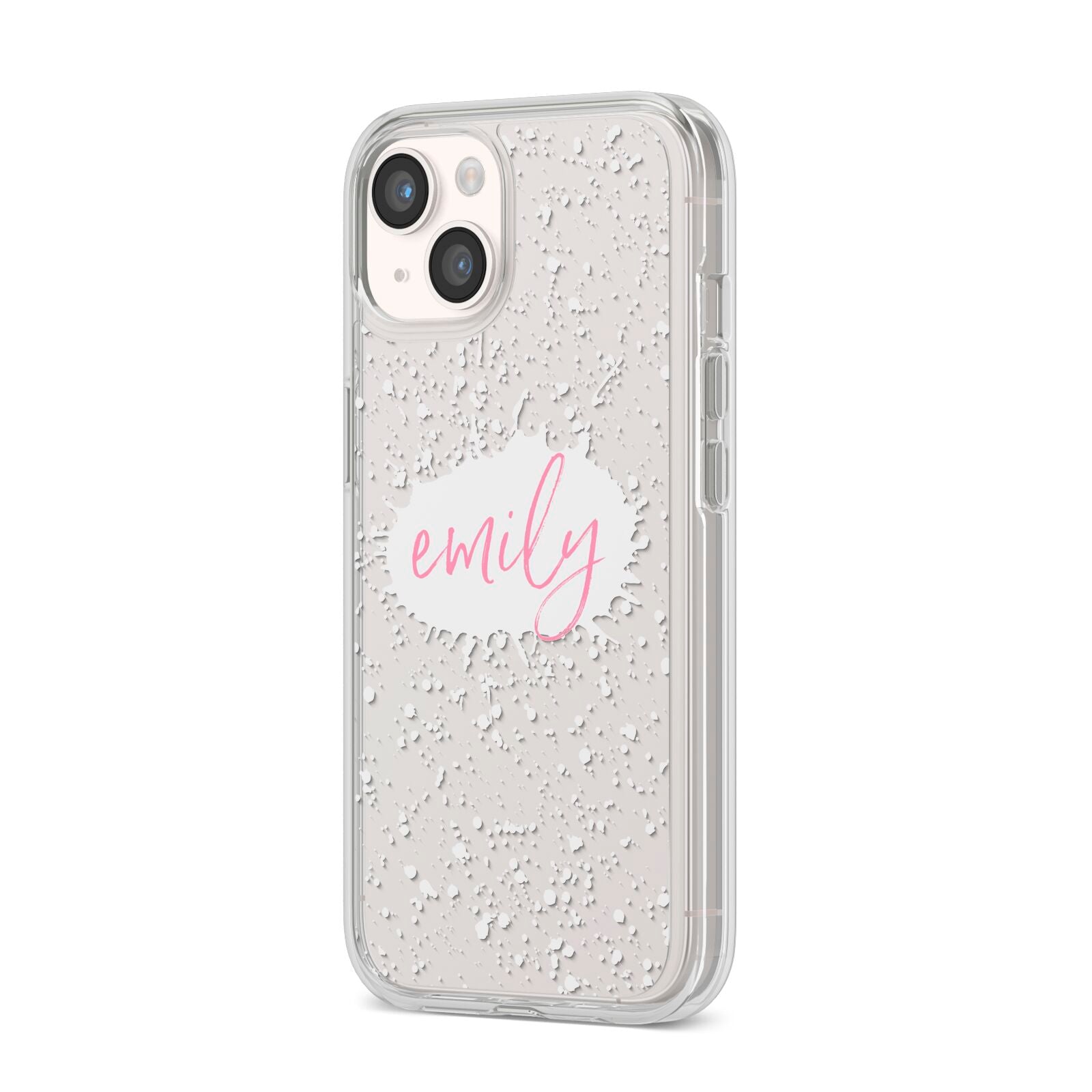 Personalised White Ink Splat Clear Name iPhone 14 Clear Tough Case Starlight Angled Image