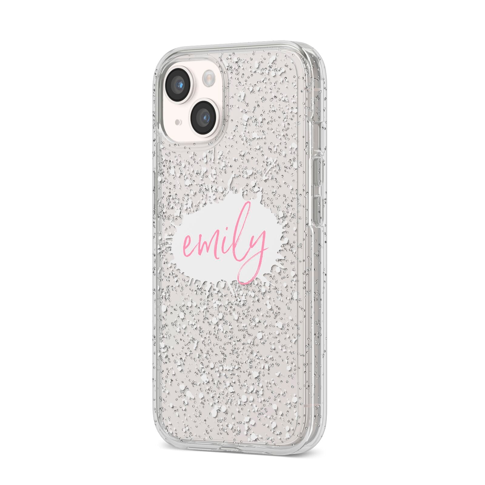 Personalised White Ink Splat Clear Name iPhone 14 Glitter Tough Case Starlight Angled Image