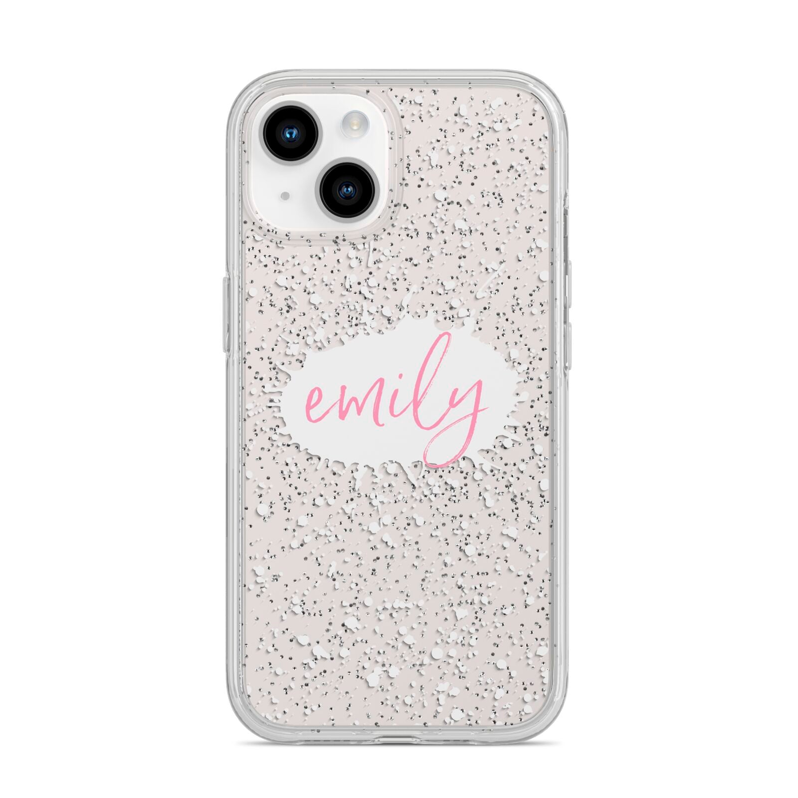 Personalised White Ink Splat Clear Name iPhone 14 Glitter Tough Case Starlight