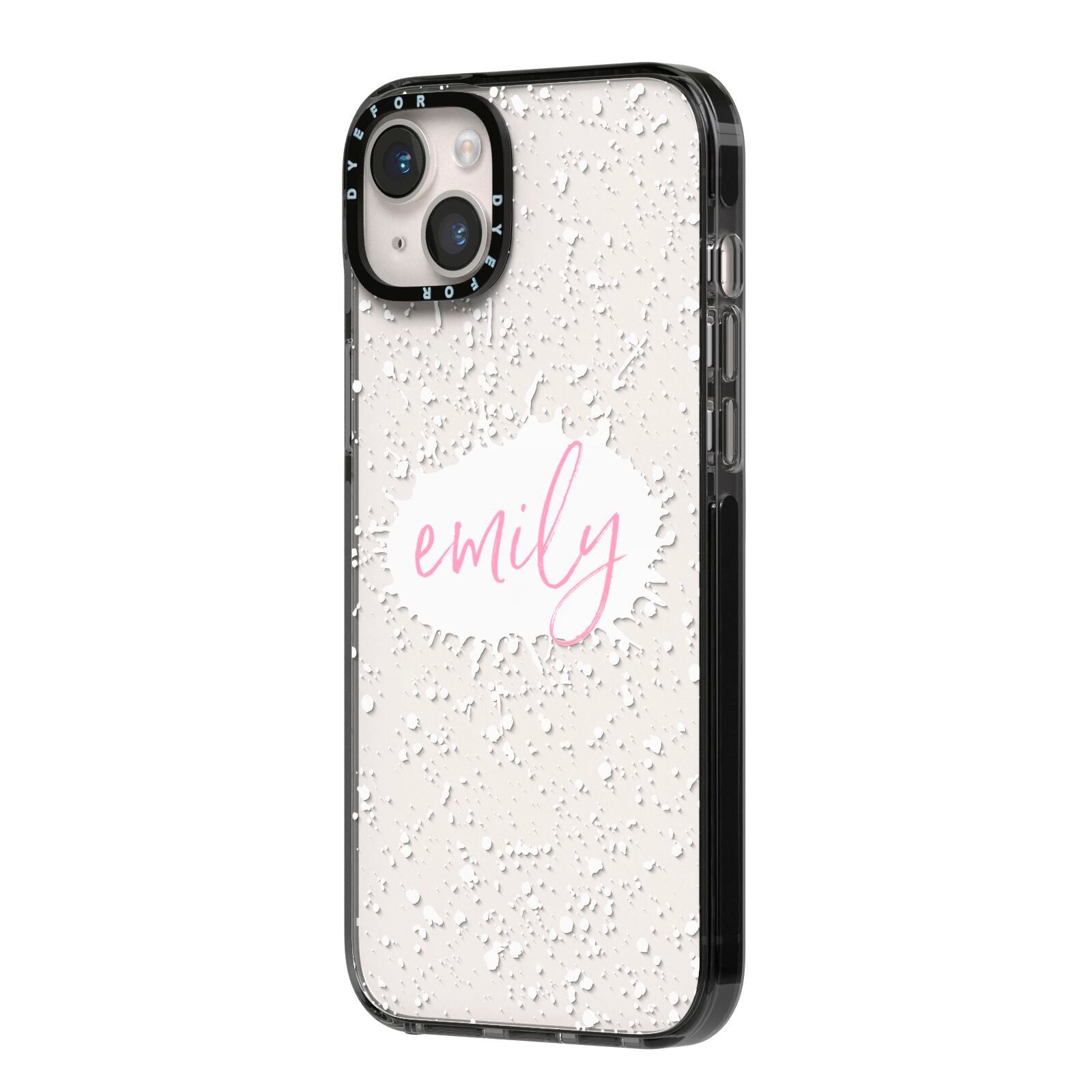 Personalised White Ink Splat Clear Name iPhone 14 Plus Black Impact Case Side Angle on Silver phone