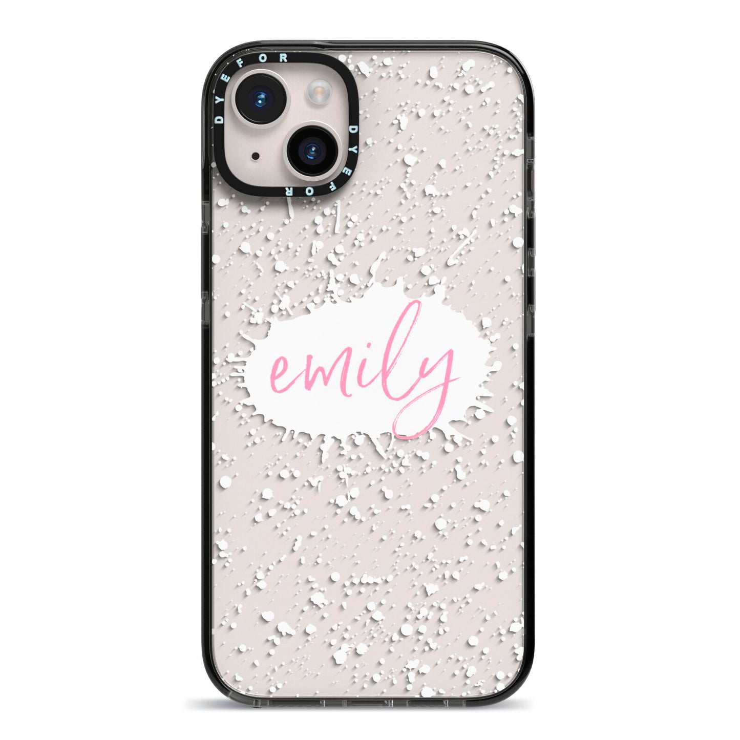 Personalised White Ink Splat Clear Name iPhone 14 Plus Black Impact Case on Silver phone