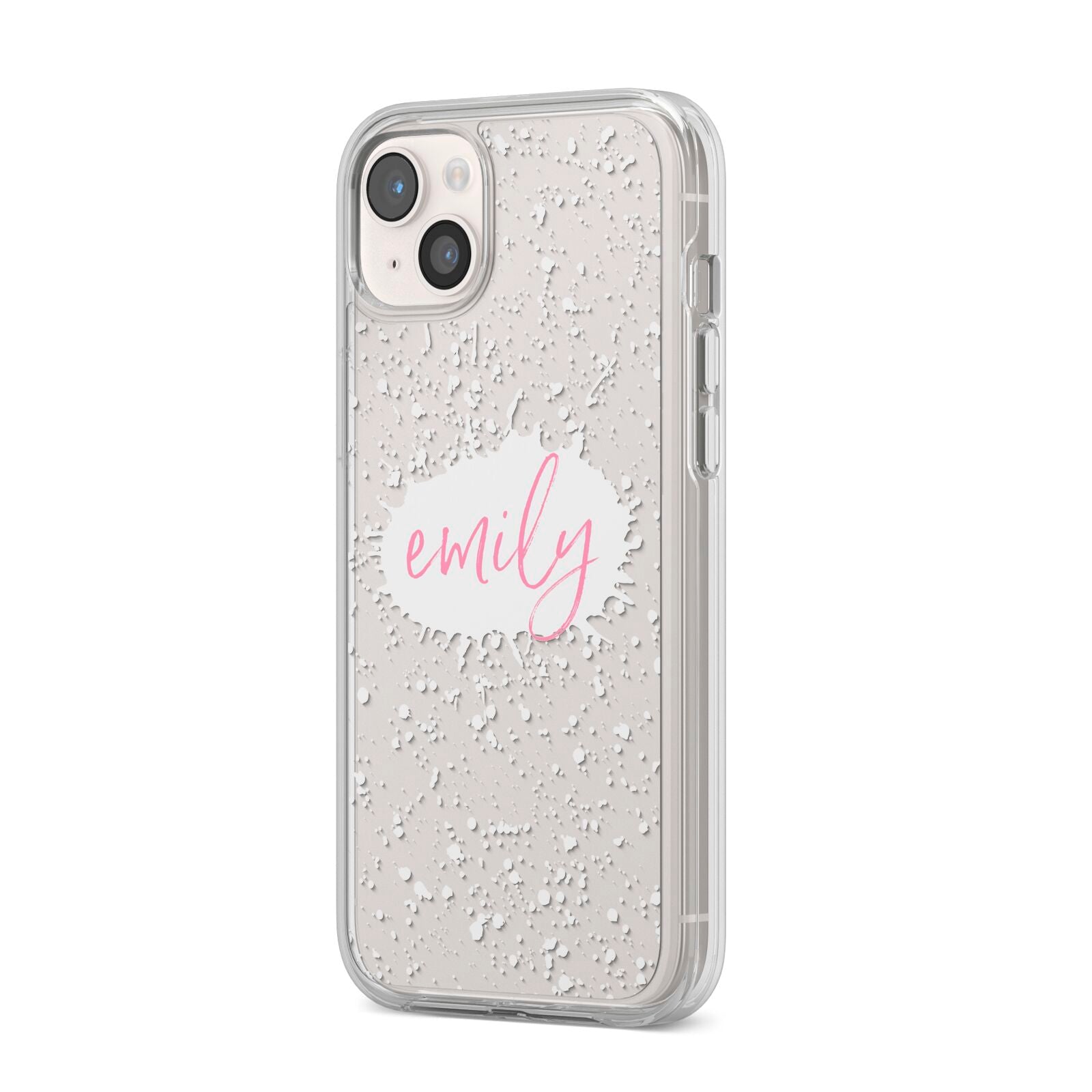 Personalised White Ink Splat Clear Name iPhone 14 Plus Clear Tough Case Starlight Angled Image