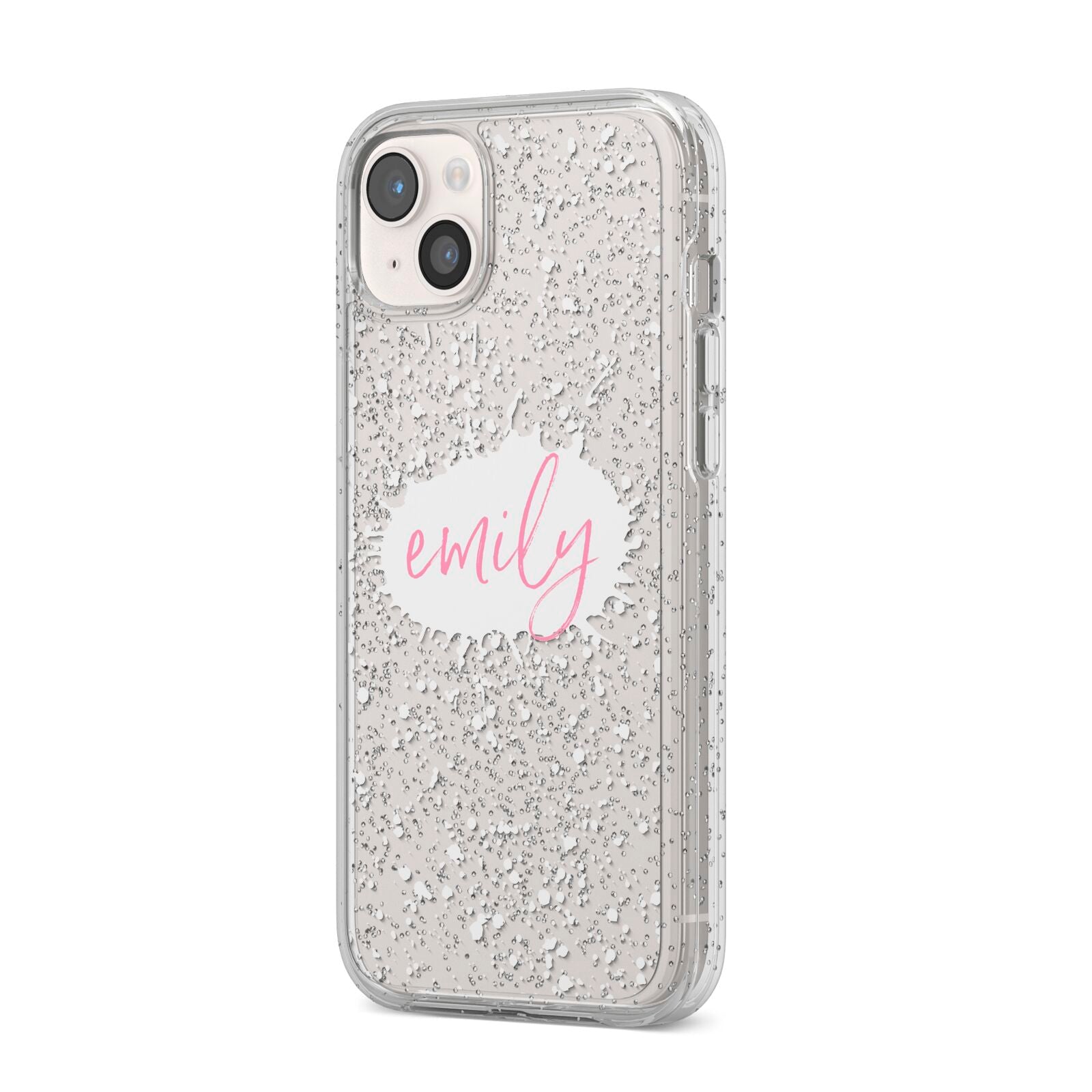 Personalised White Ink Splat Clear Name iPhone 14 Plus Glitter Tough Case Starlight Angled Image