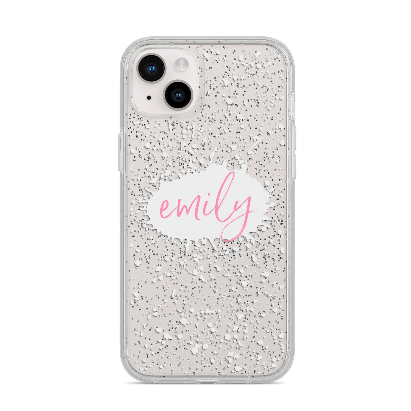 Personalised White Ink Splat Clear Name iPhone 14 Plus Glitter Tough Case Starlight