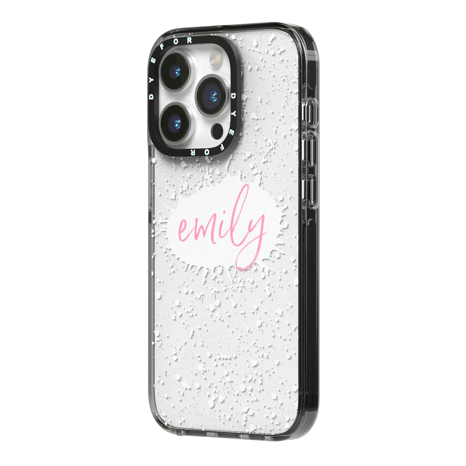 Personalised White Ink Splat Clear Name iPhone 14 Pro Black Impact Case Side Angle on Silver phone