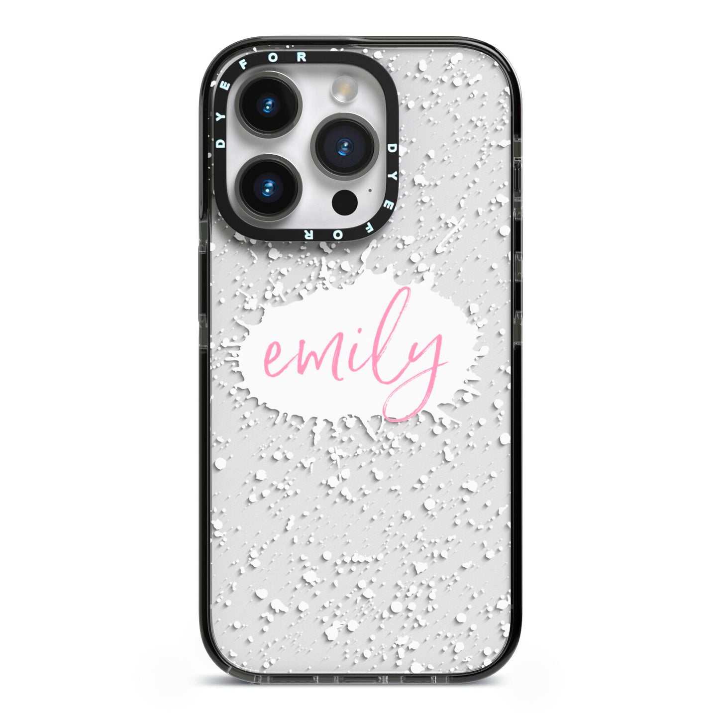 Personalised White Ink Splat Clear Name iPhone 14 Pro Black Impact Case on Silver phone