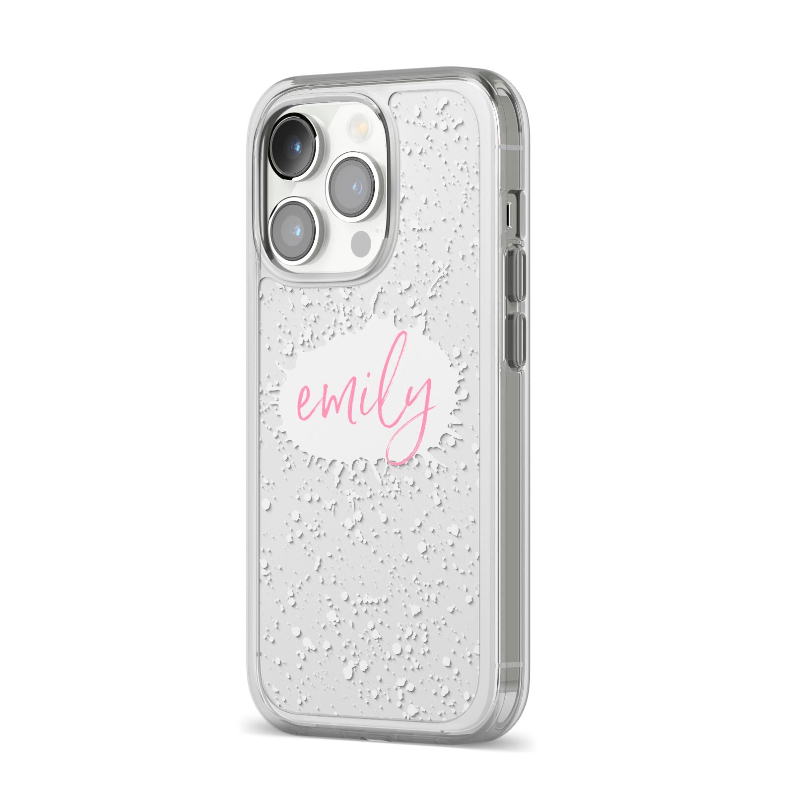 Personalised White Ink Splat Clear Name iPhone 14 Pro Clear Tough Case Silver Angled Image