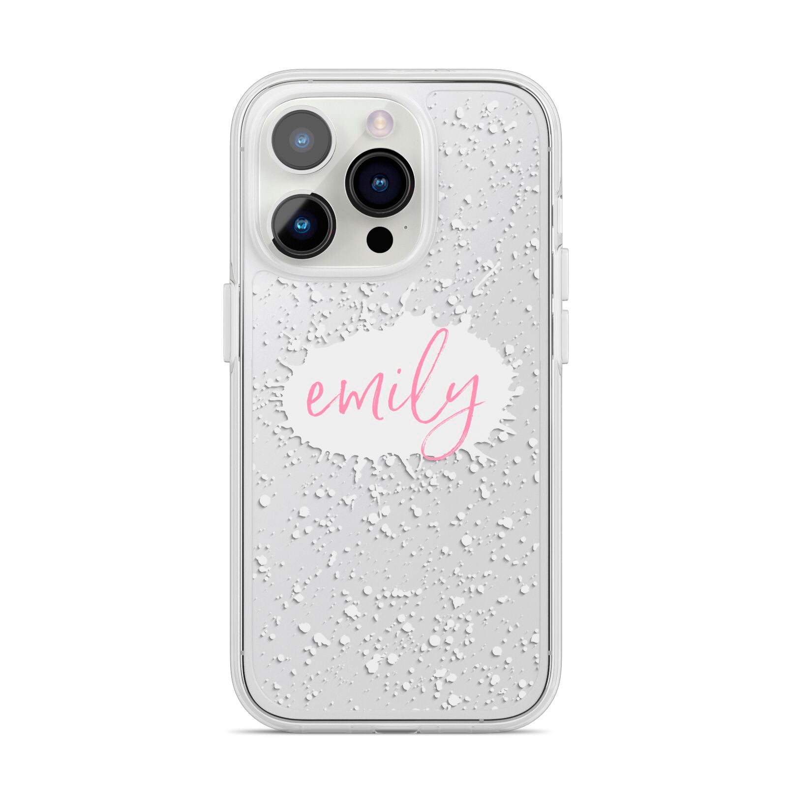 Personalised White Ink Splat Clear Name iPhone 14 Pro Clear Tough Case Silver