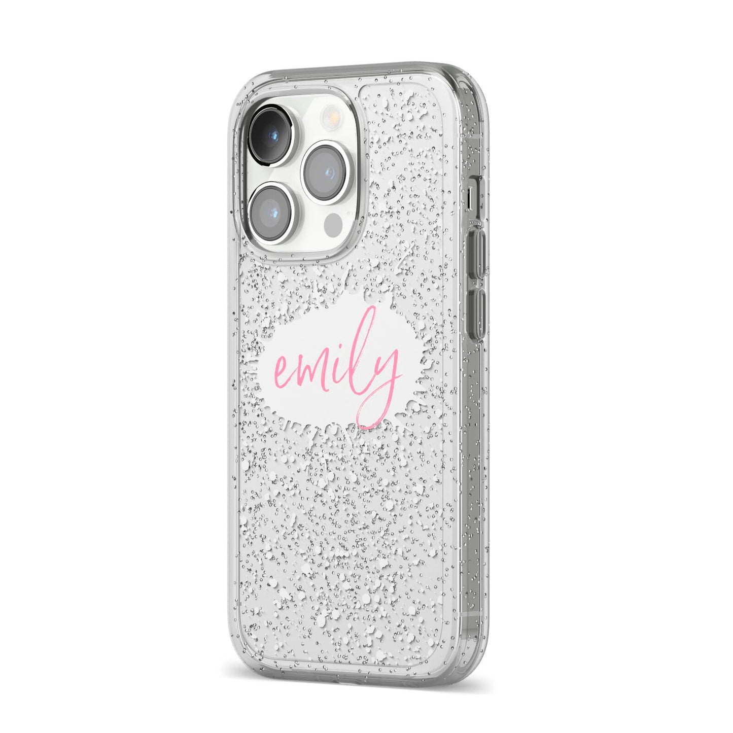 Personalised White Ink Splat Clear Name iPhone 14 Pro Glitter Tough Case Silver Angled Image