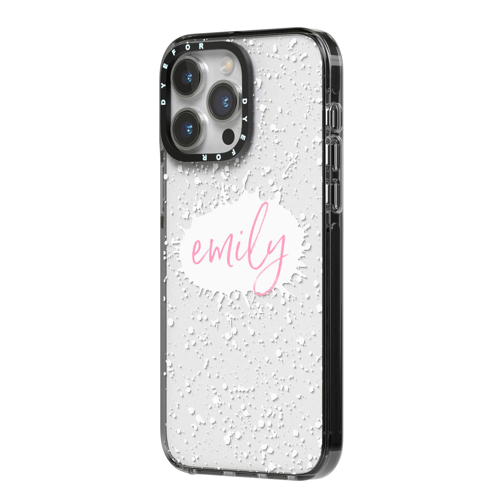 Personalised White Ink Splat Clear Name iPhone 14 Pro Max Black Impact Case Side Angle on Silver phone