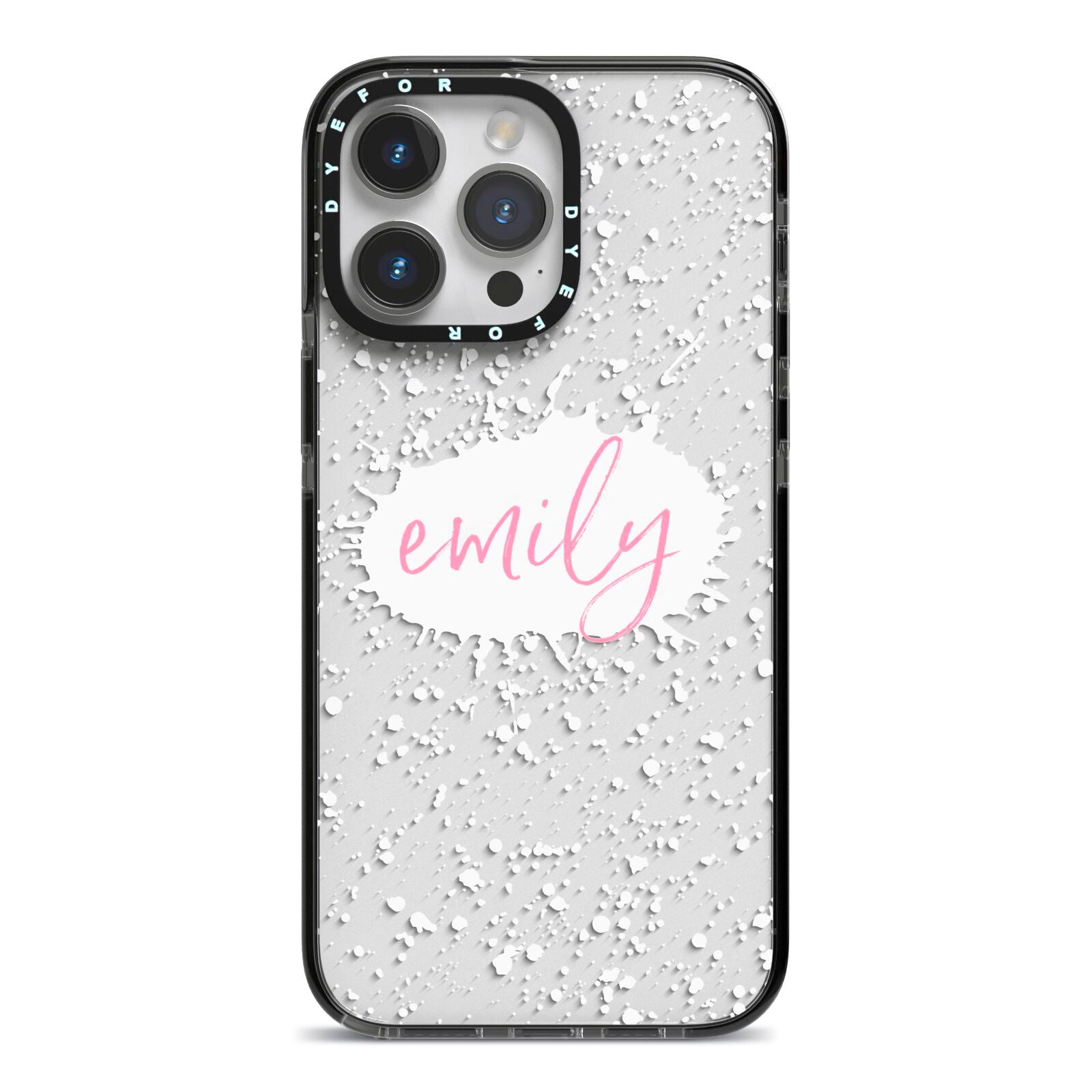 Personalised White Ink Splat Clear Name iPhone 14 Pro Max Black Impact Case on Silver phone