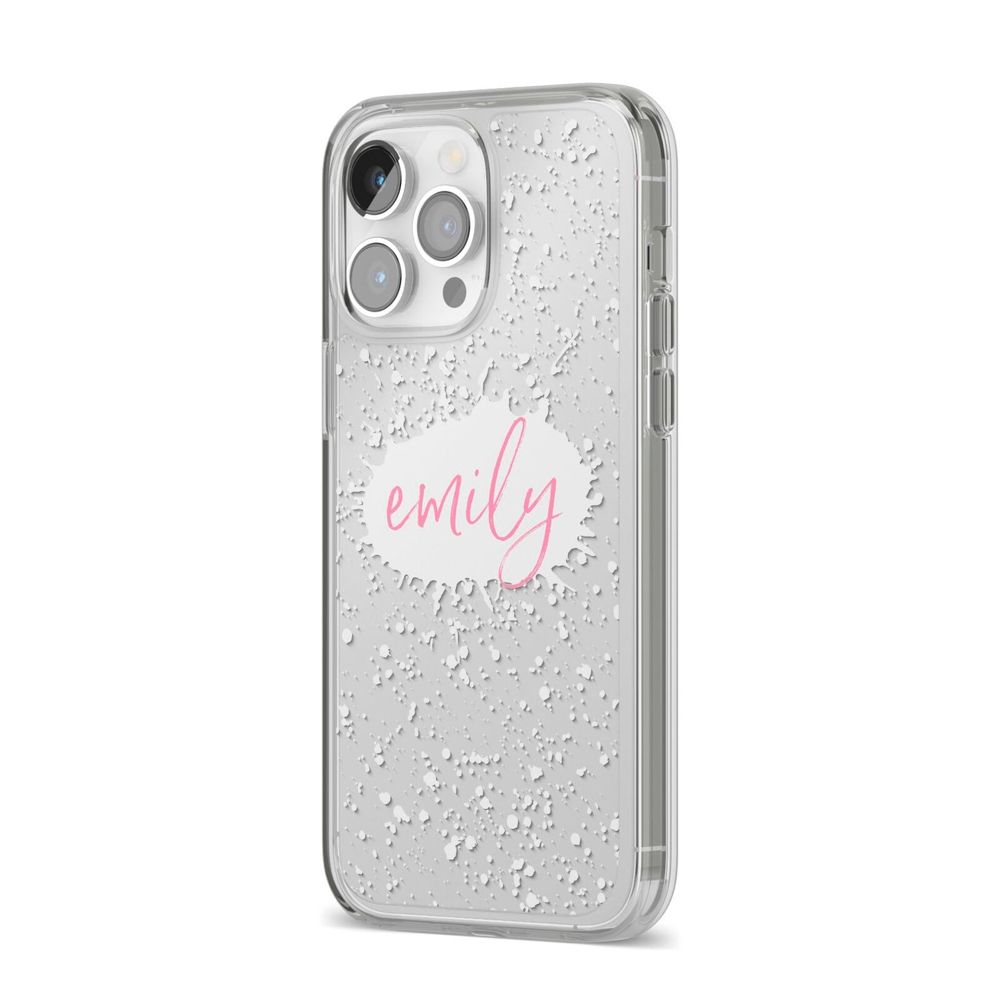 Personalised White Ink Splat Clear Name iPhone 14 Pro Max Clear Tough Case Silver Angled Image