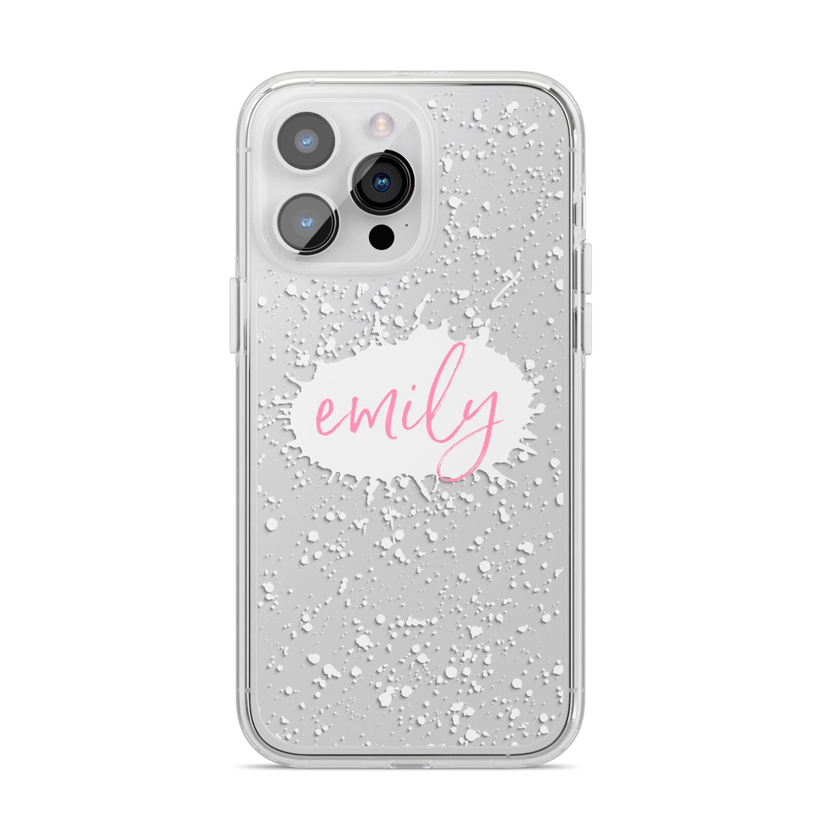 Personalised White Ink Splat Clear Name iPhone 14 Pro Max Clear Tough Case Silver