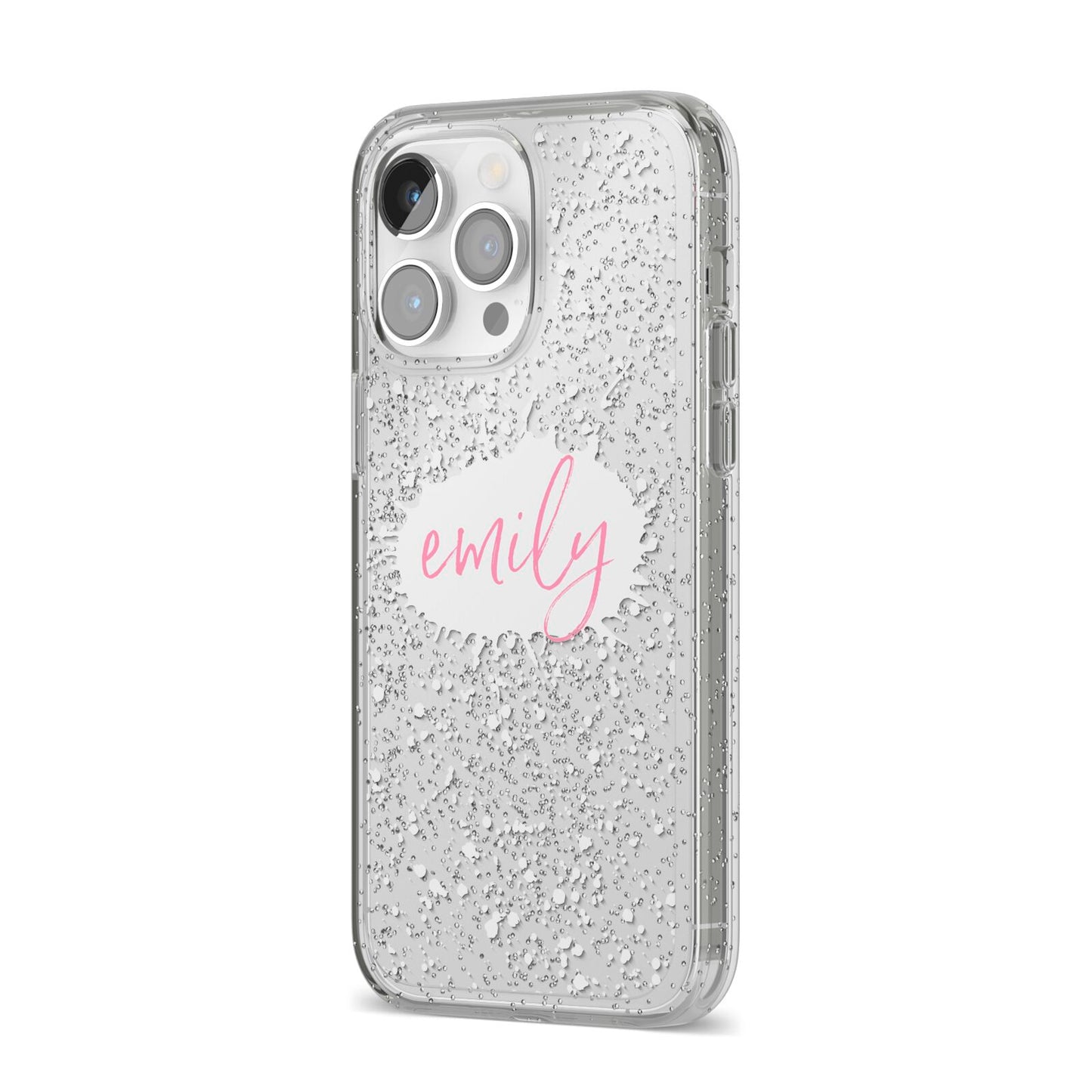 Personalised White Ink Splat Clear Name iPhone 14 Pro Max Glitter Tough Case Silver Angled Image