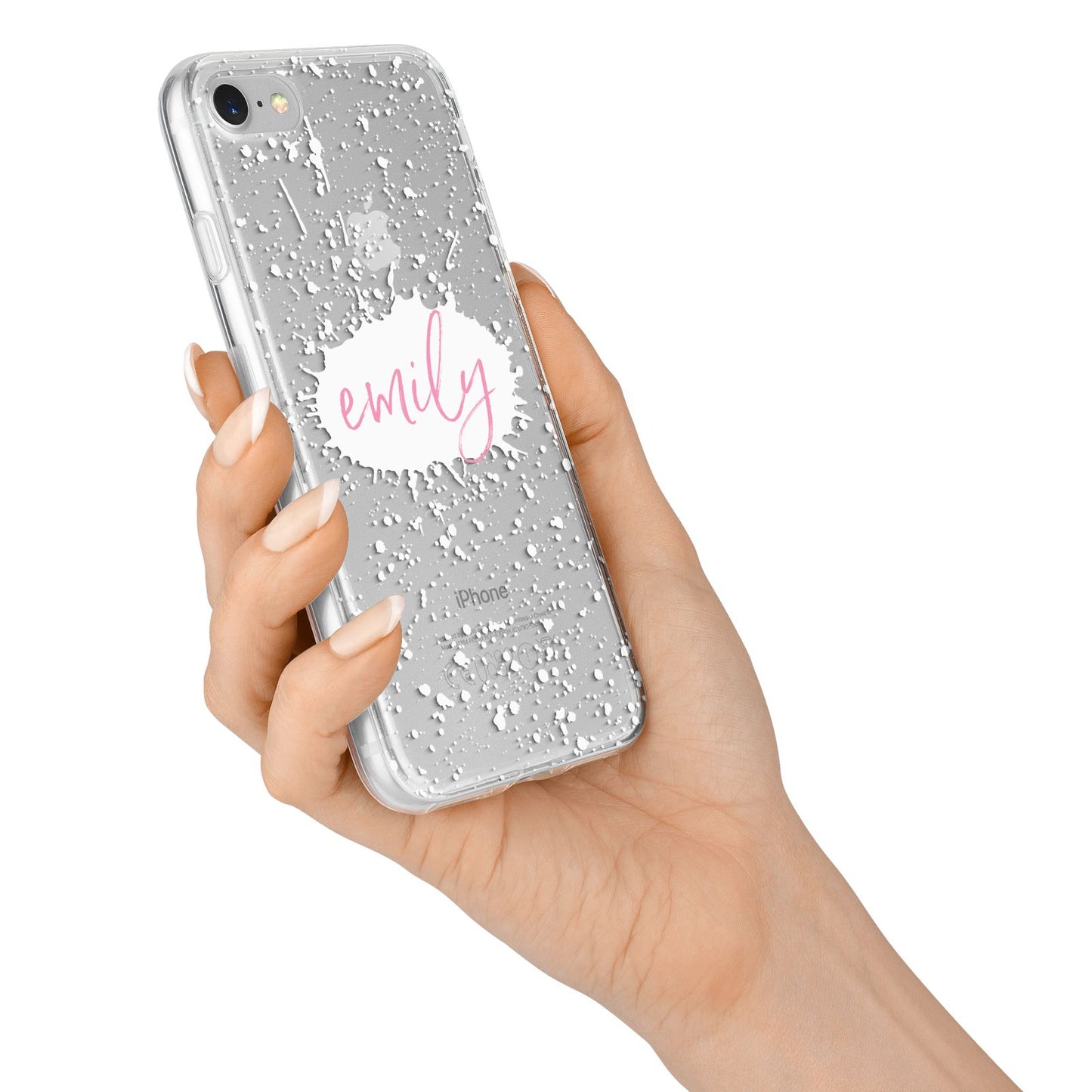 Personalised White Ink Splat Clear Name iPhone 7 Bumper Case on Silver iPhone Alternative Image