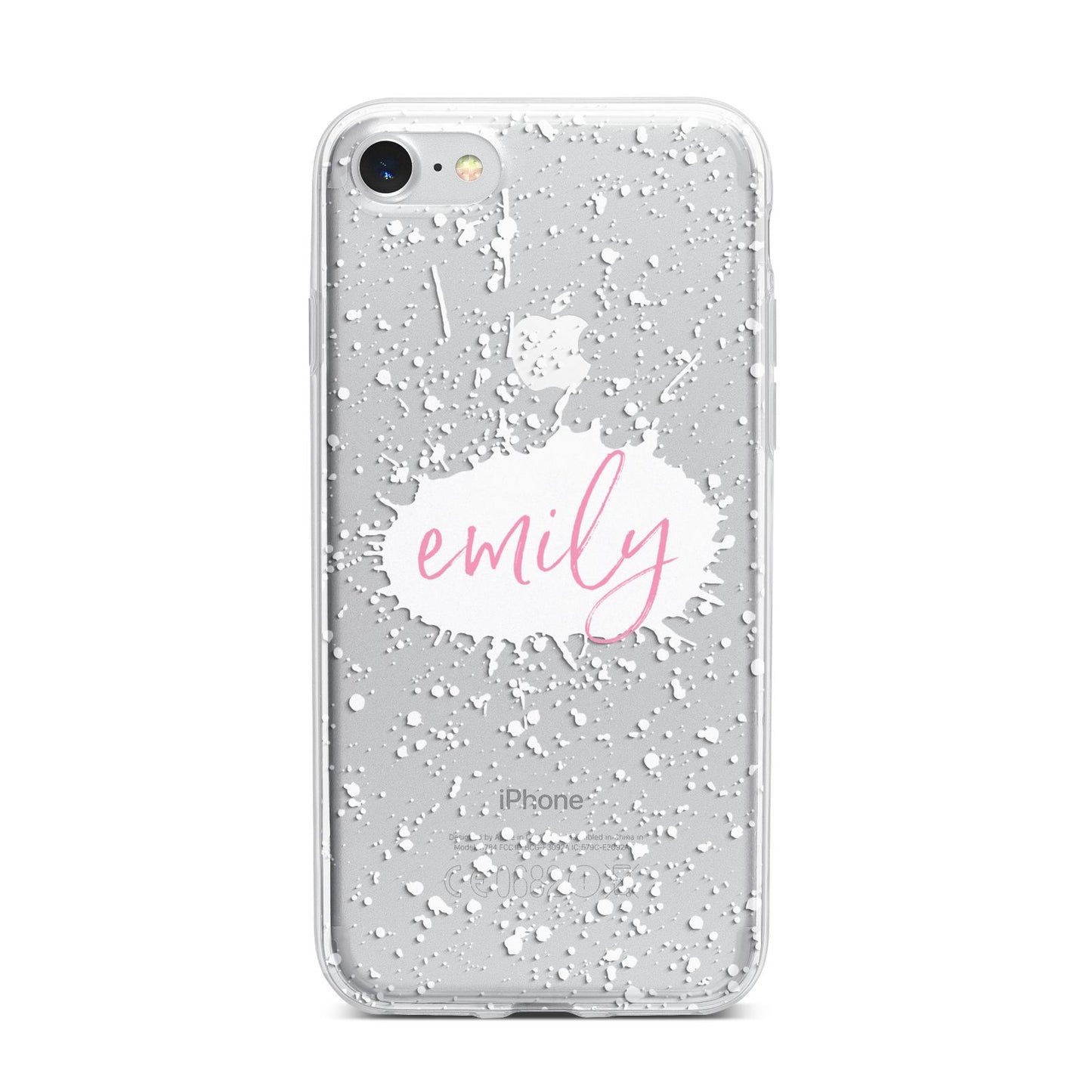 Personalised White Ink Splat Clear Name iPhone 7 Bumper Case on Silver iPhone