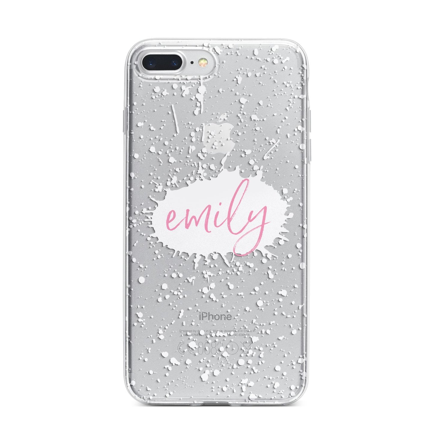 Personalised White Ink Splat Clear Name iPhone 7 Plus Bumper Case on Silver iPhone