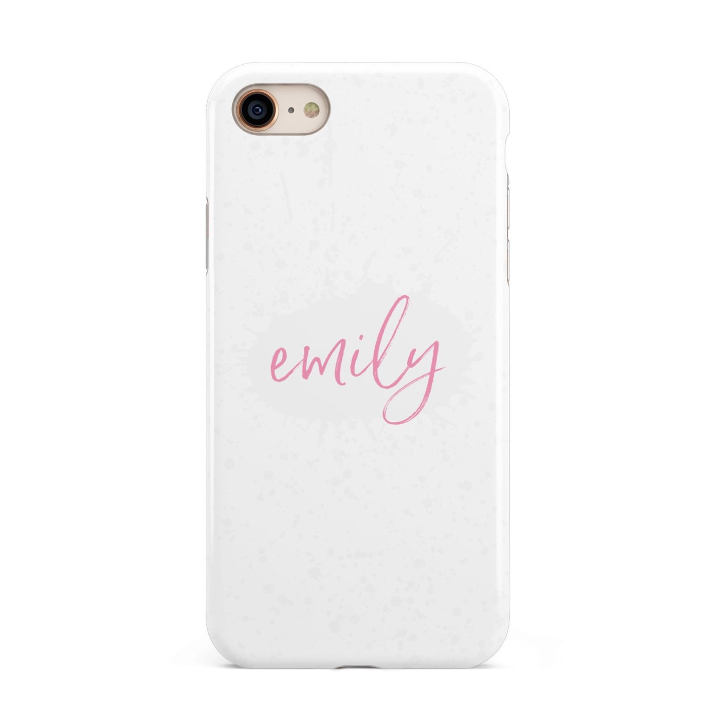 Personalised White Ink Splat Clear Name iPhone 8 3D Tough Case on Gold Phone