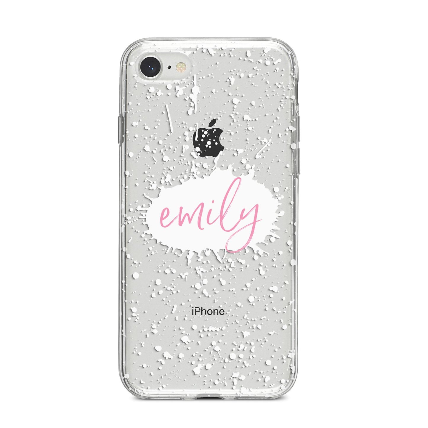 Personalised White Ink Splat Clear Name iPhone 8 Bumper Case on Silver iPhone