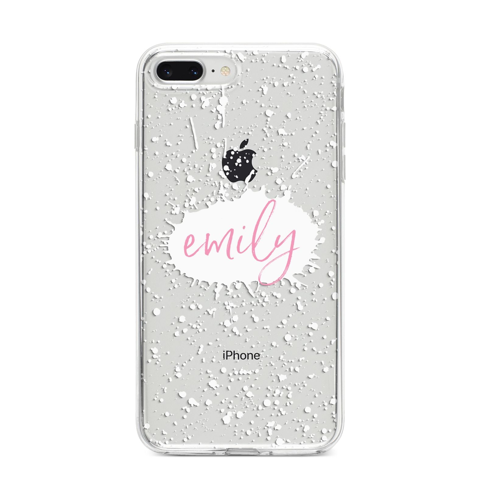 Personalised White Ink Splat Clear Name iPhone 8 Plus Bumper Case on Silver iPhone