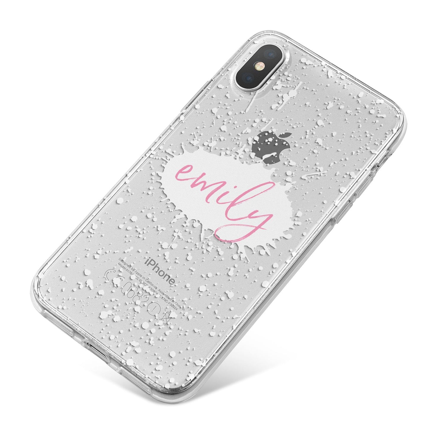 Personalised White Ink Splat Clear Name iPhone X Bumper Case on Silver iPhone