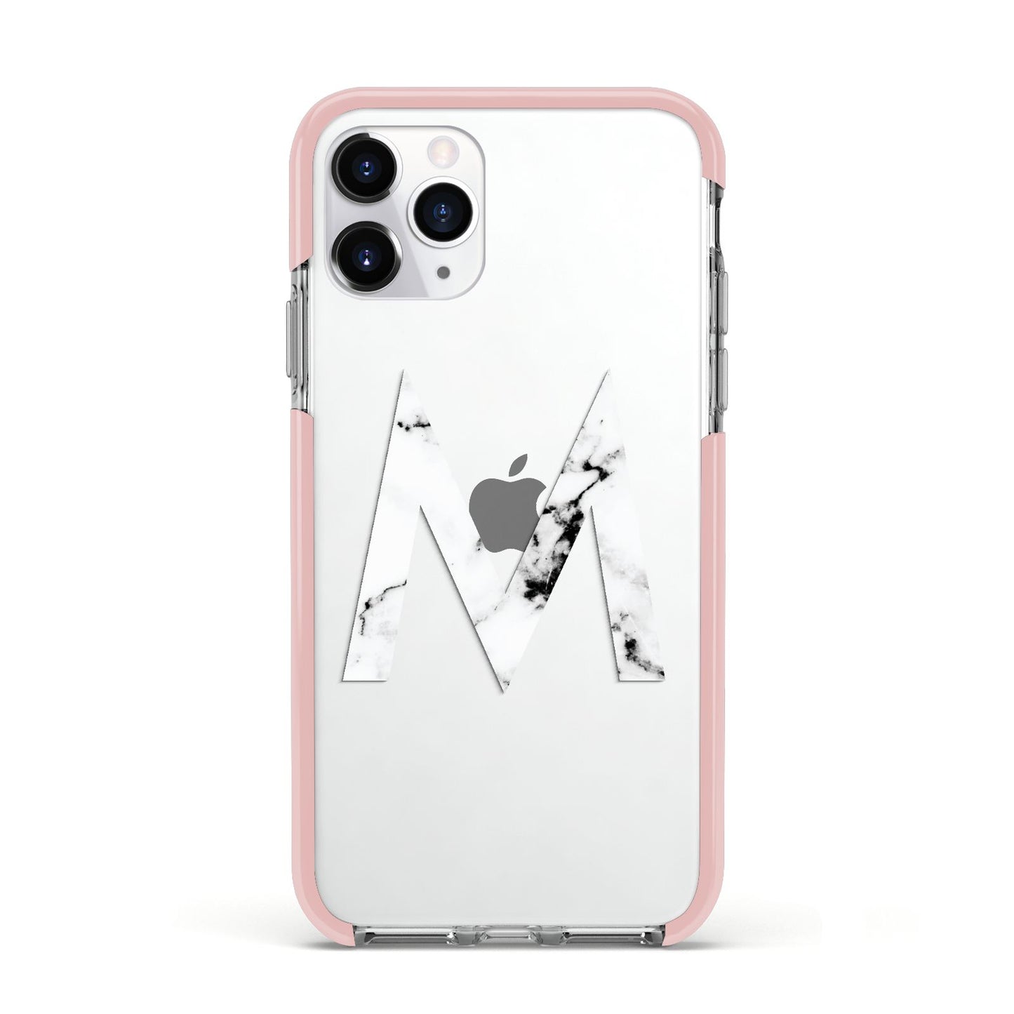 Personalised White Marble Initial Clear Custom Apple iPhone 11 Pro in Silver with Pink Impact Case