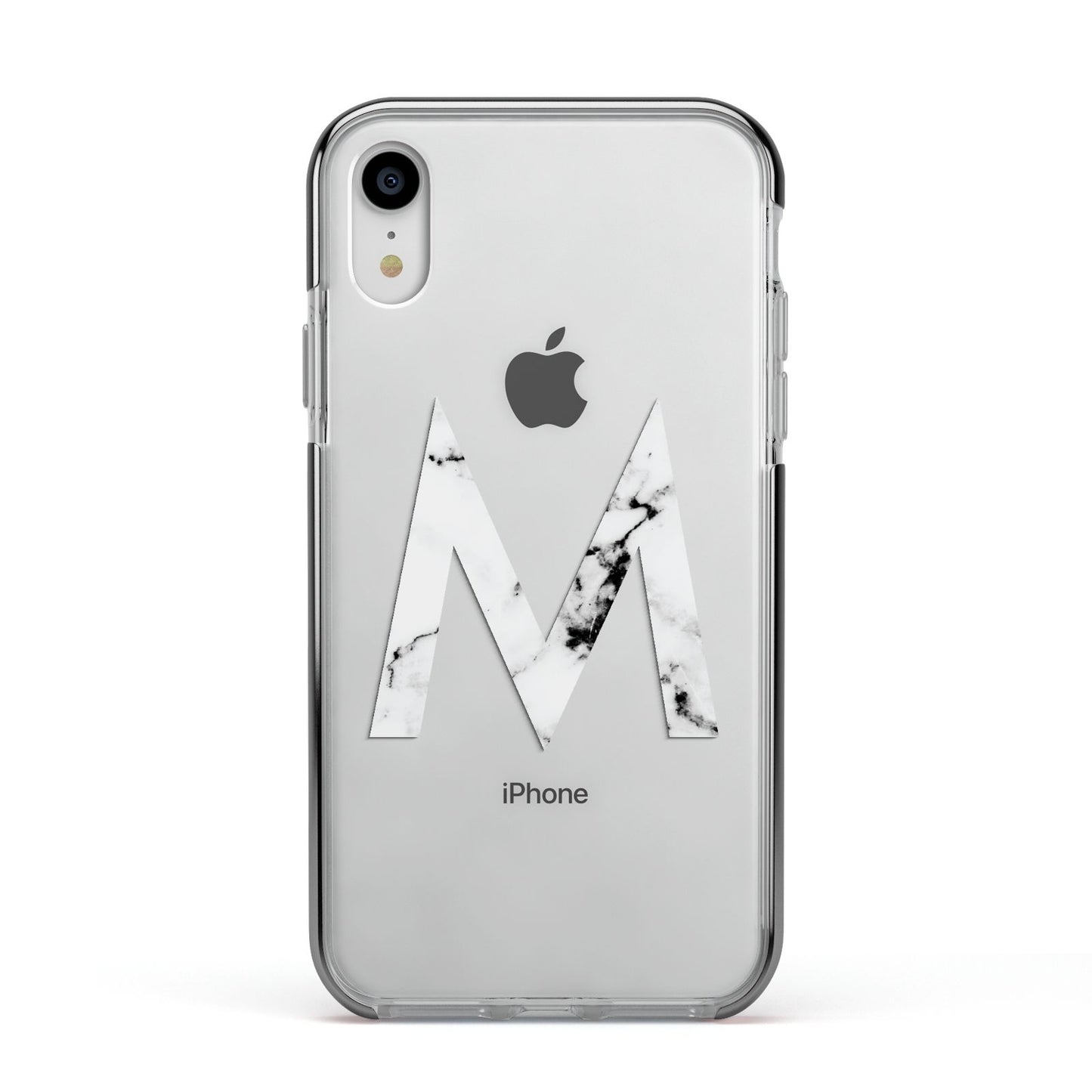 Personalised White Marble Initial Clear Custom Apple iPhone XR Impact Case Black Edge on Silver Phone