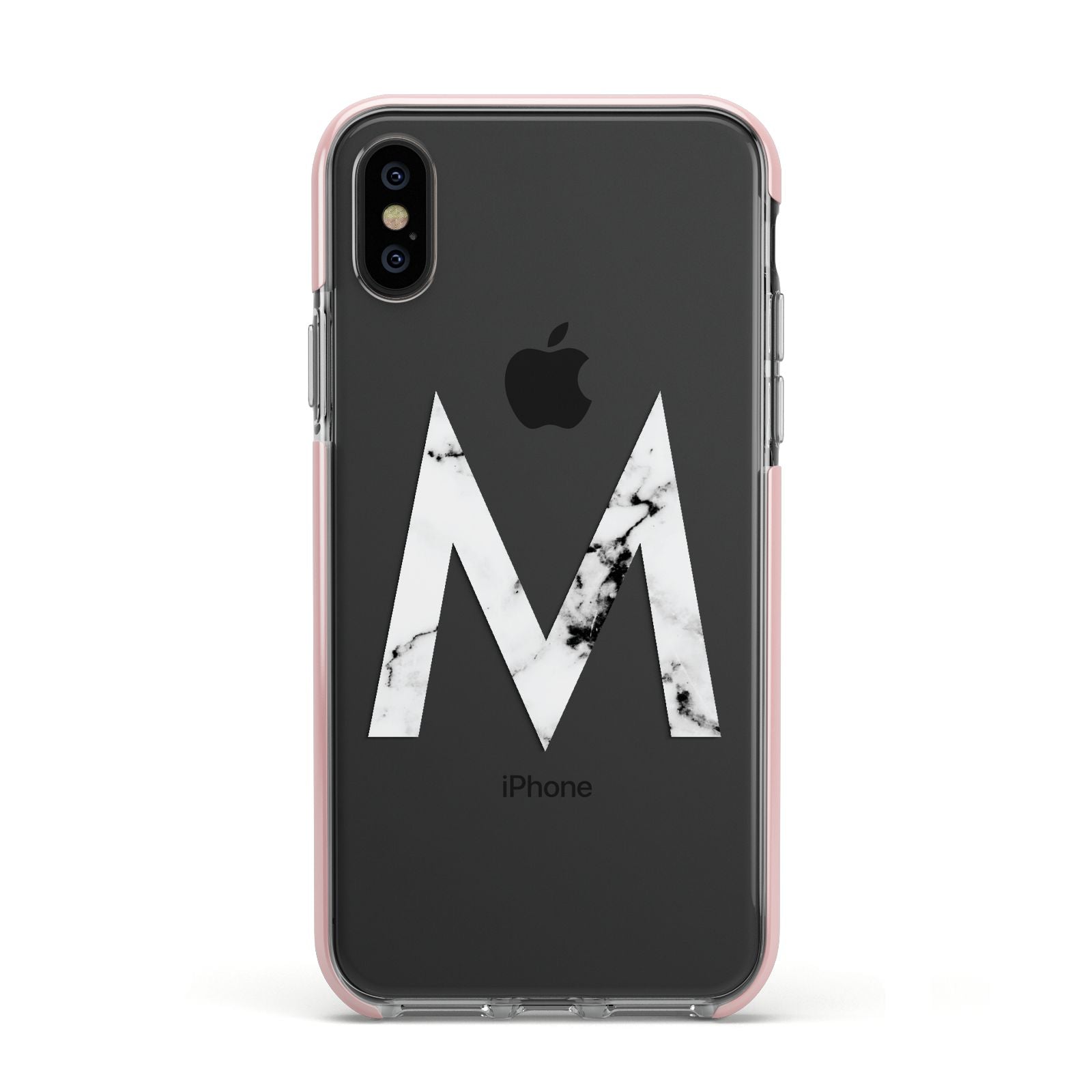 Personalised White Marble Initial Clear Custom Apple iPhone Xs Impact Case Pink Edge on Black Phone