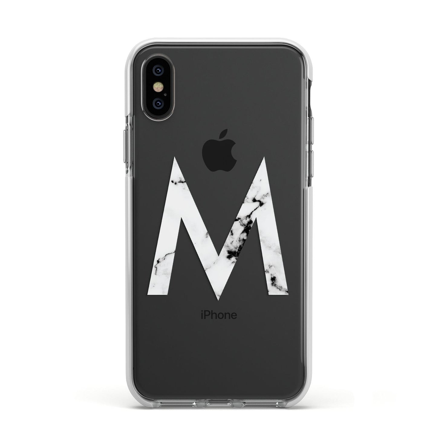 Personalised White Marble Initial Clear Custom Apple iPhone Xs Impact Case White Edge on Black Phone