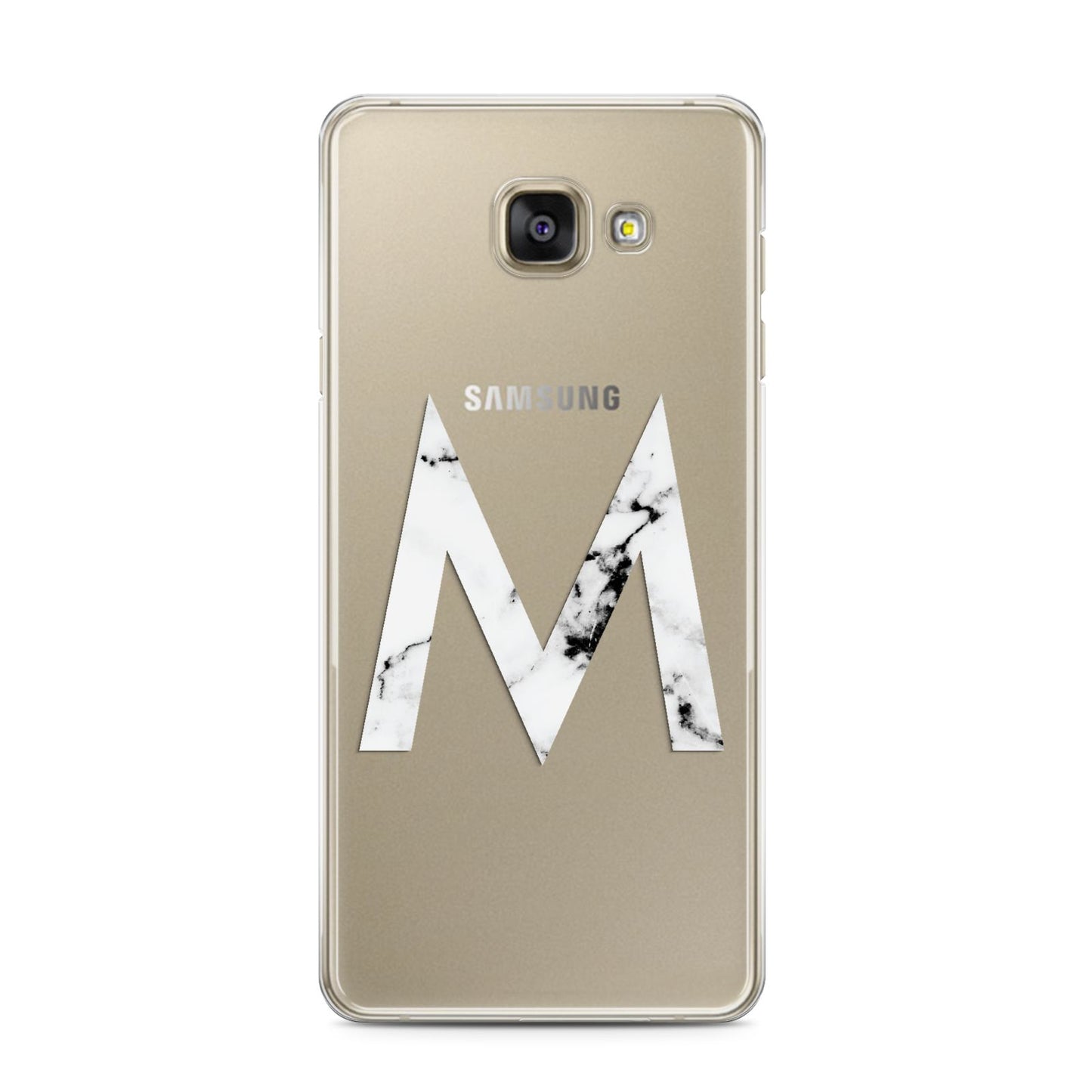 Personalised White Marble Initial Clear Custom Samsung Galaxy A3 2016 Case on gold phone