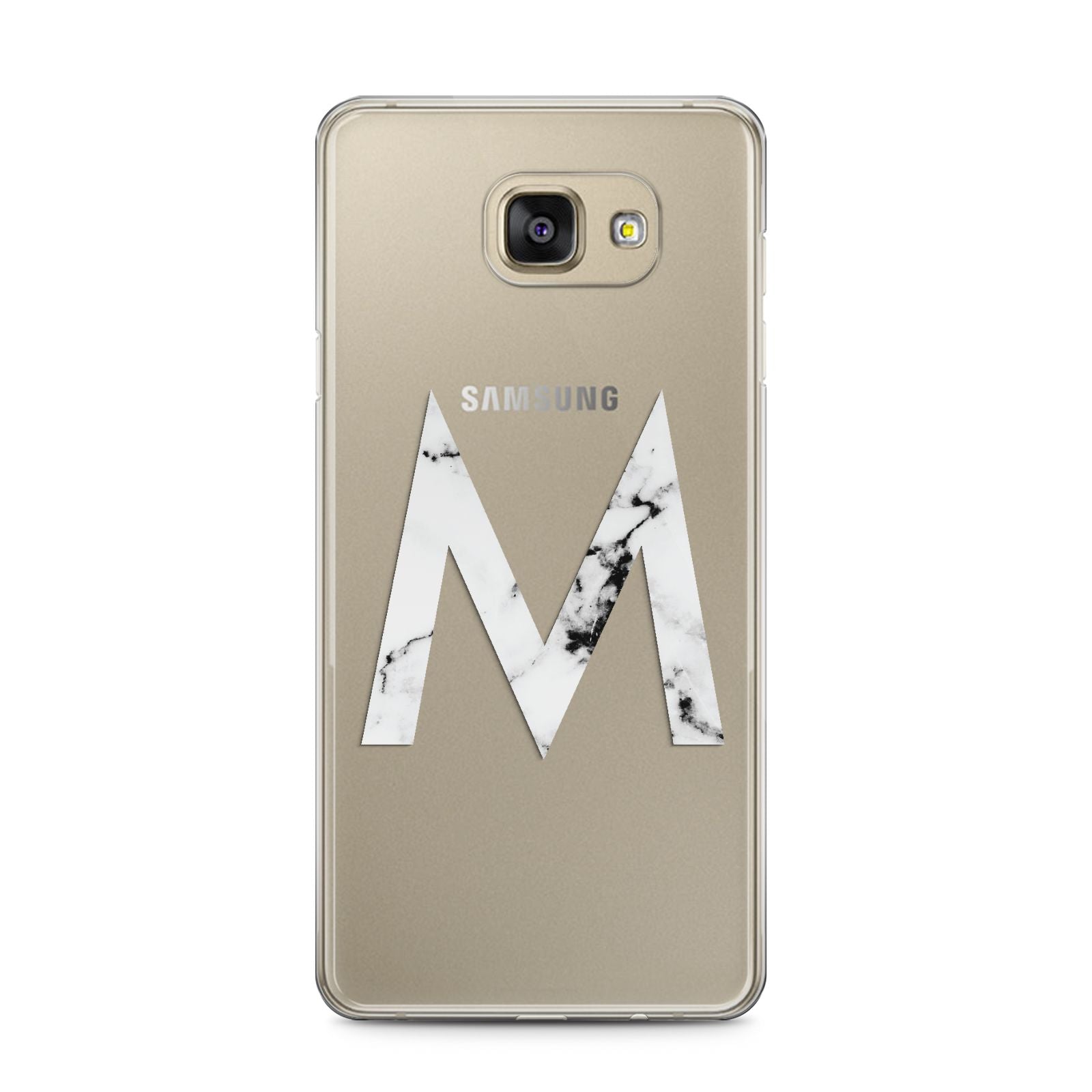 Personalised White Marble Initial Clear Custom Samsung Galaxy A5 2016 Case on gold phone