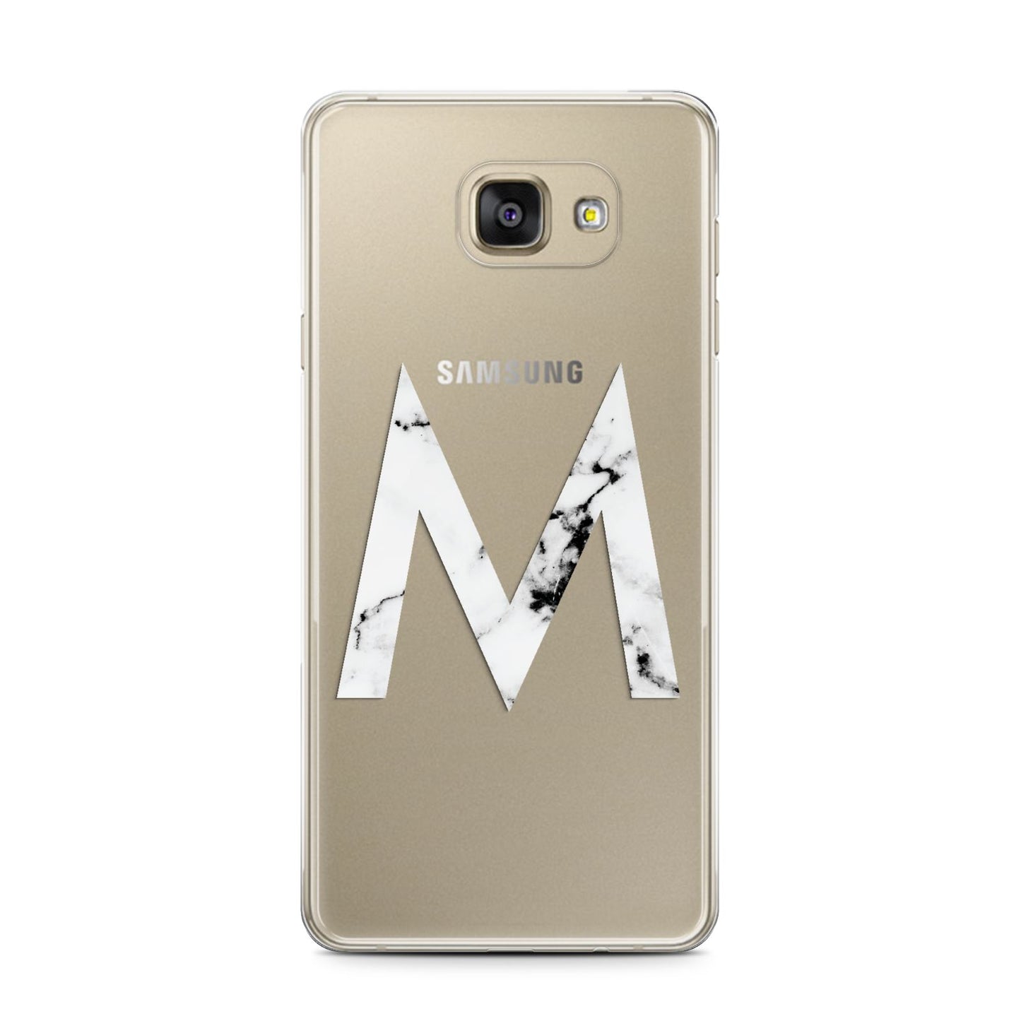 Personalised White Marble Initial Clear Custom Samsung Galaxy A7 2016 Case on gold phone