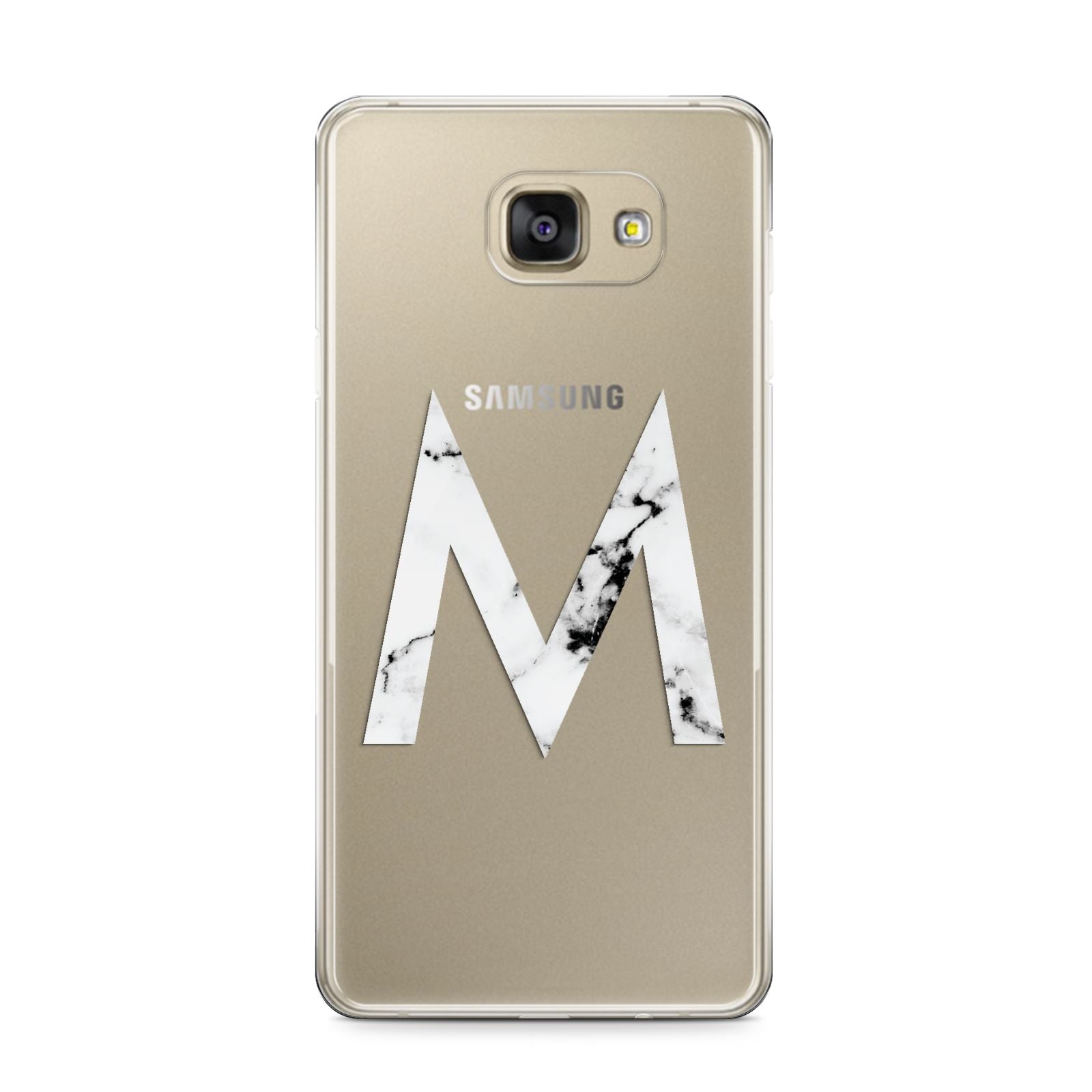 Personalised White Marble Initial Clear Custom Samsung Galaxy A9 2016 Case on gold phone