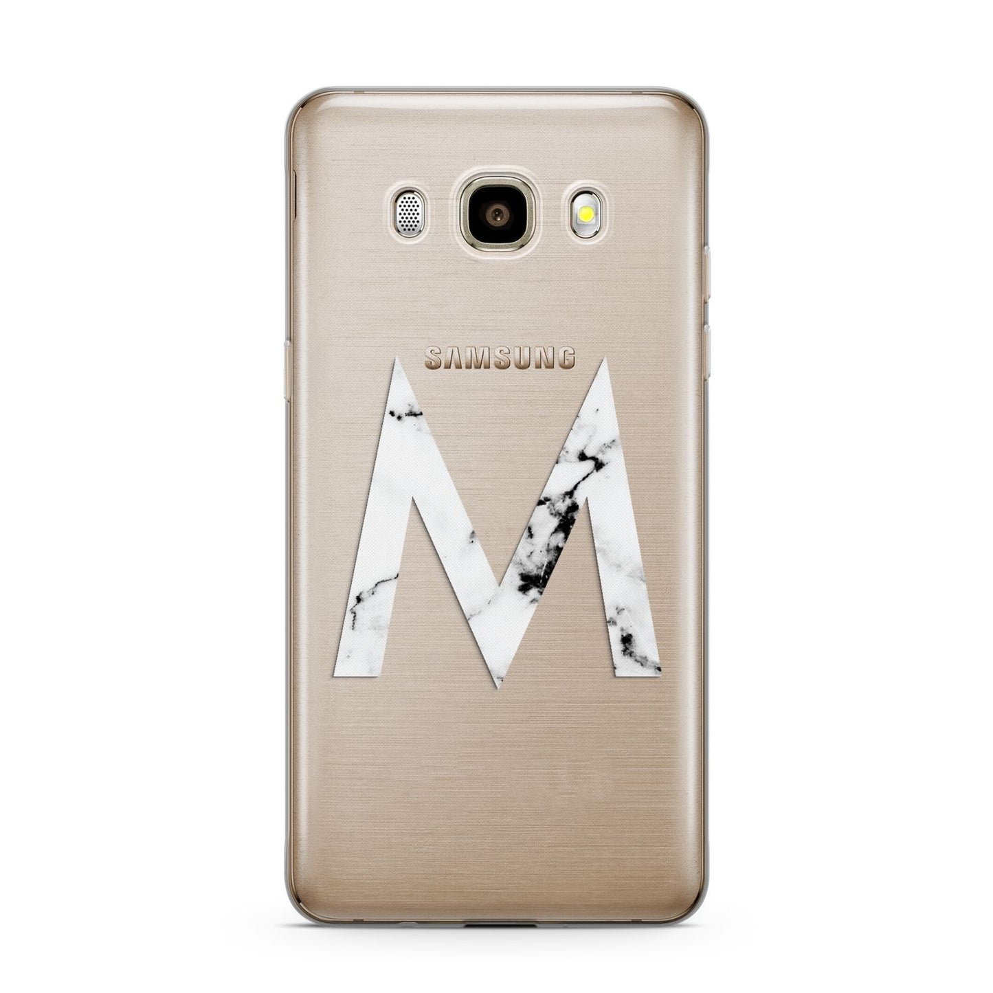 Personalised White Marble Initial Clear Custom Samsung Galaxy J7 2016 Case on gold phone