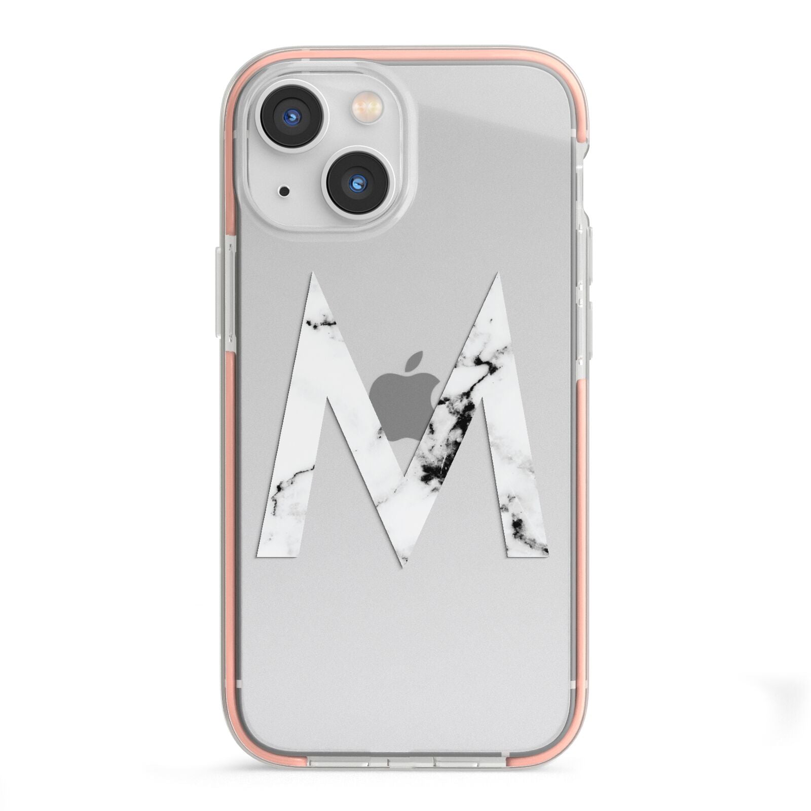 Personalised White Marble Initial Clear Custom iPhone 13 Mini TPU Impact Case with Pink Edges