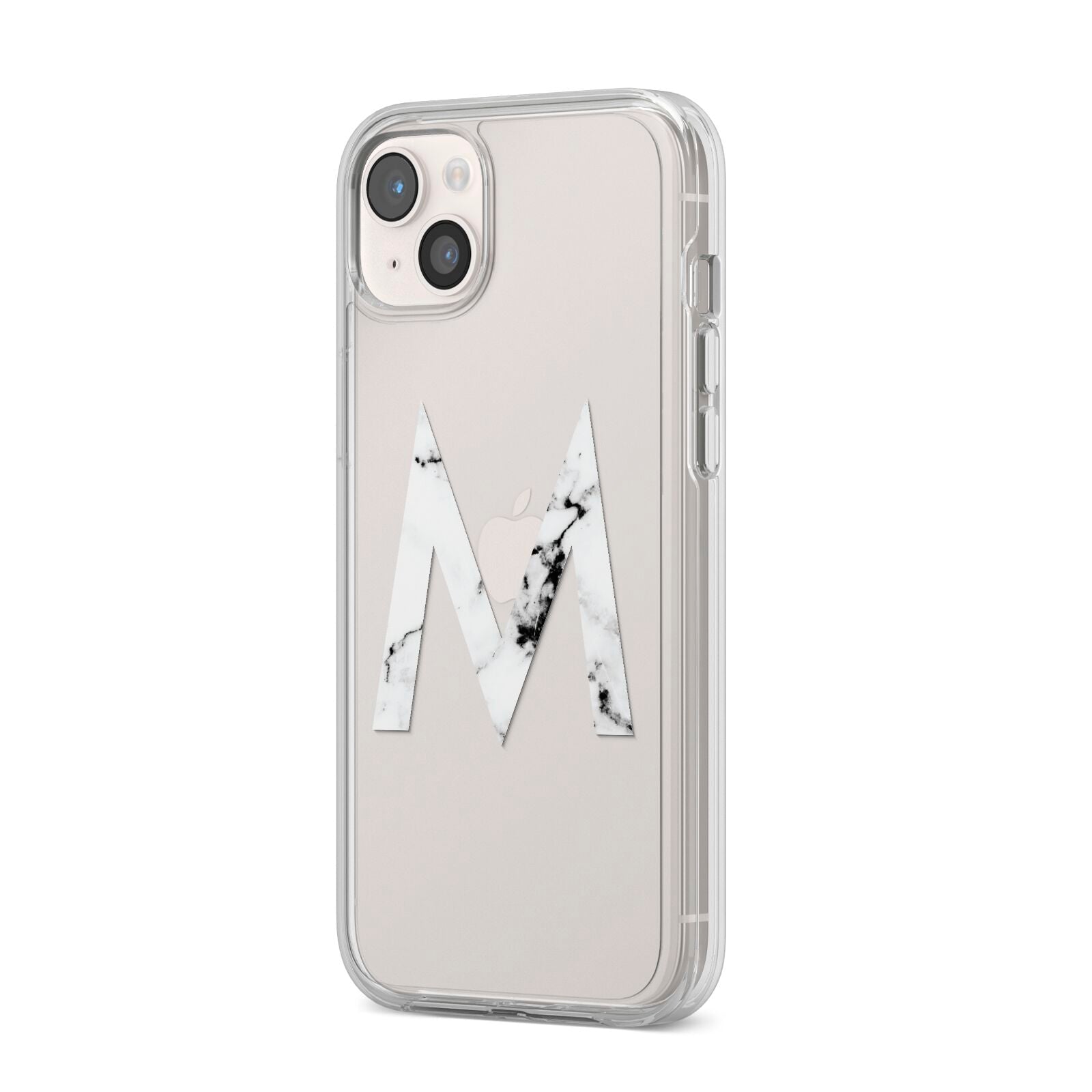 Personalised White Marble Initial Clear Custom iPhone 14 Plus Clear Tough Case Starlight Angled Image