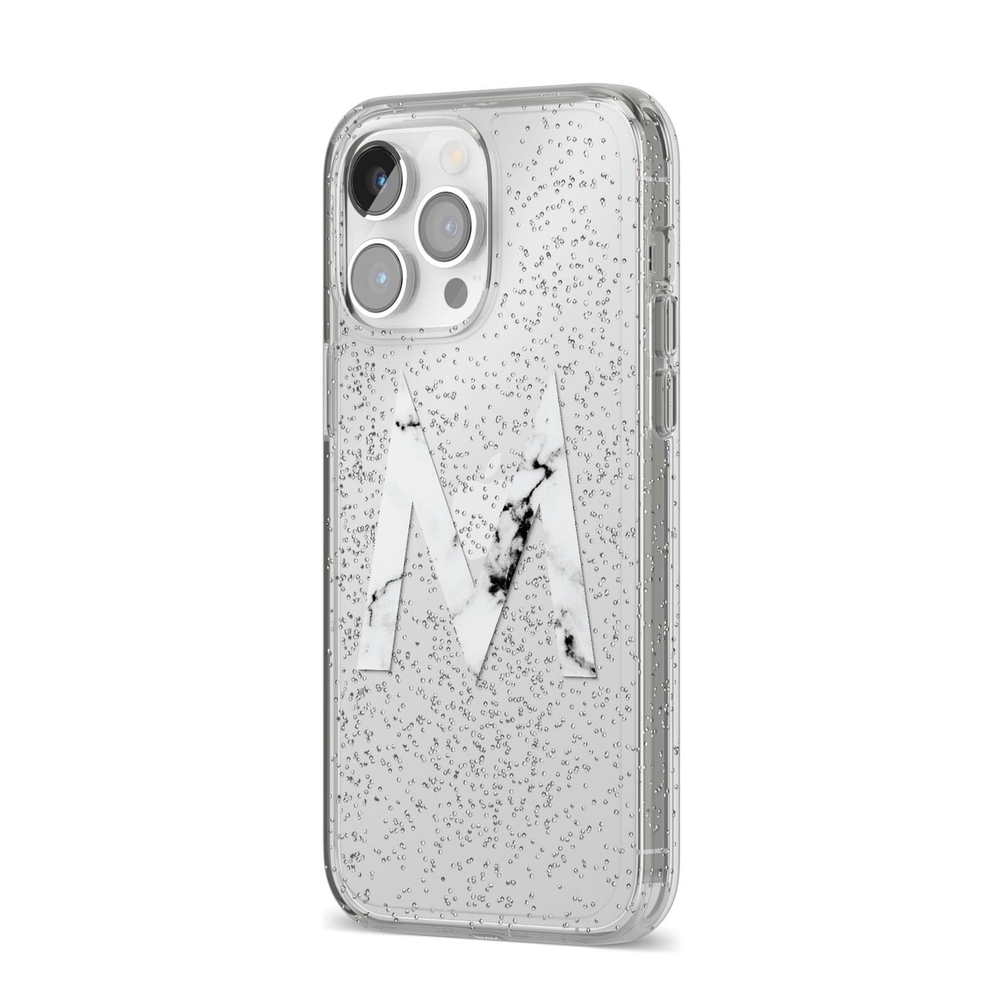 Personalised White Marble Initial Clear Custom iPhone 14 Pro Max Glitter Tough Case Silver Angled Image