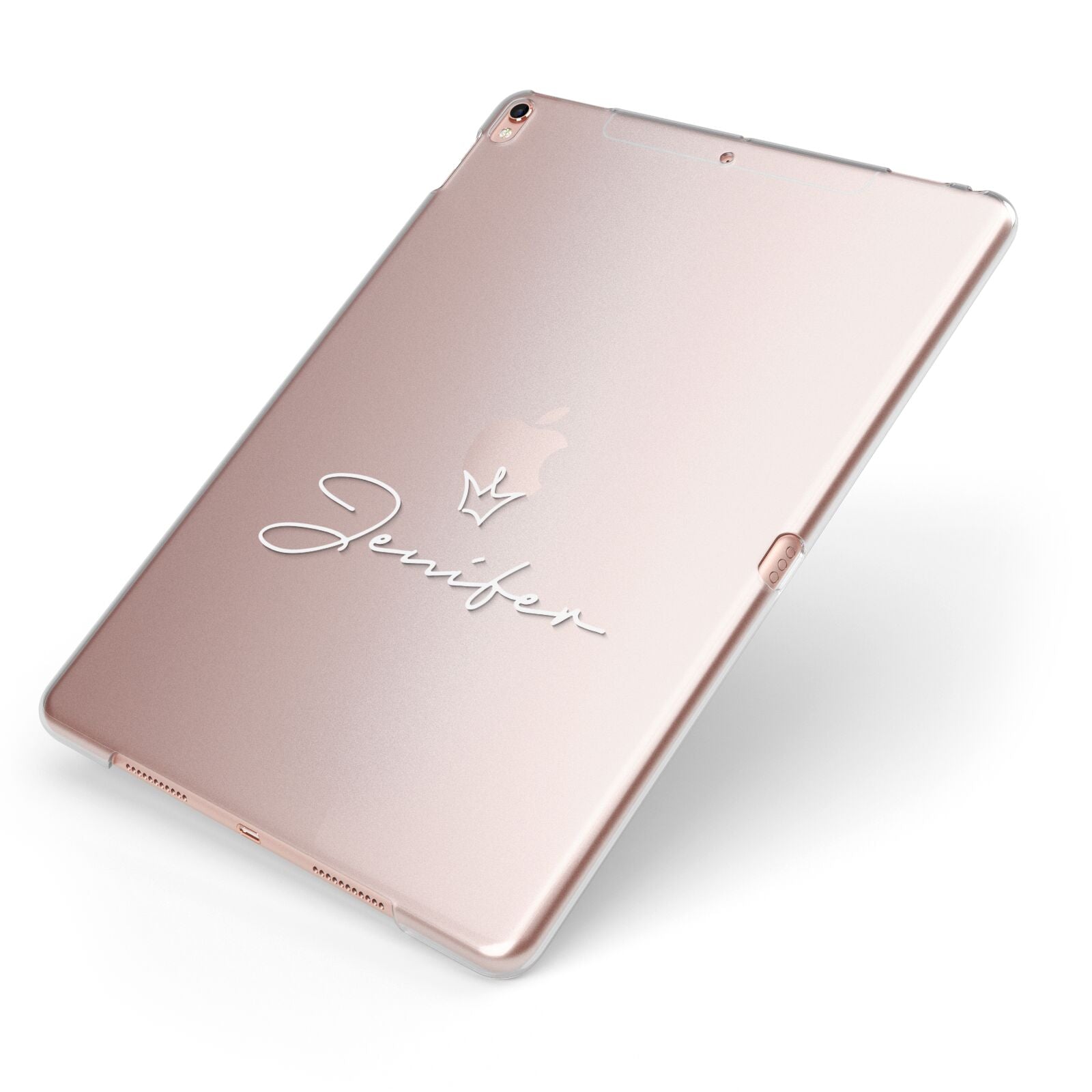 Personalised White Text Transparent Apple iPad Case on Rose Gold iPad Side View