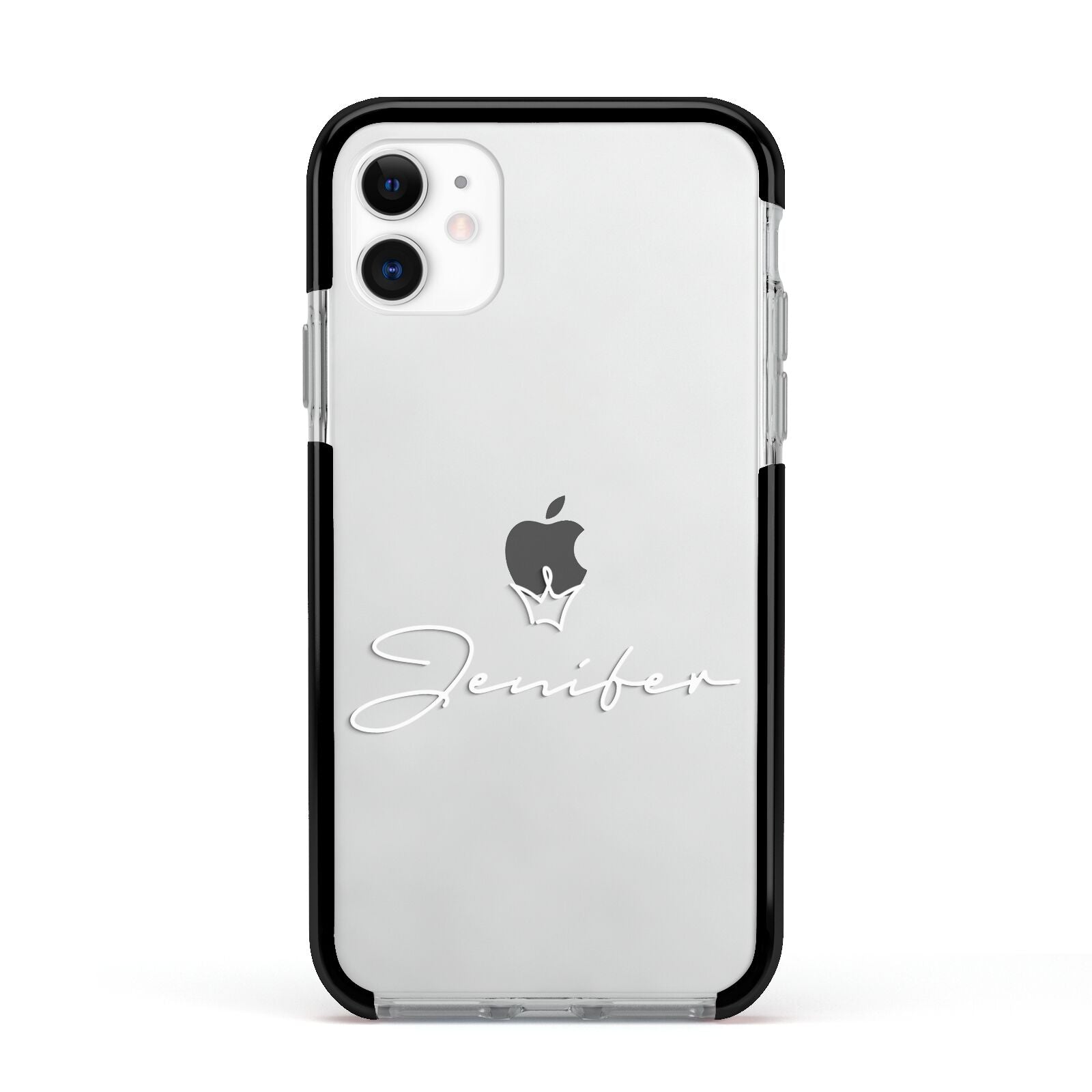 Personalised White Text Transparent Apple iPhone 11 in White with Black Impact Case