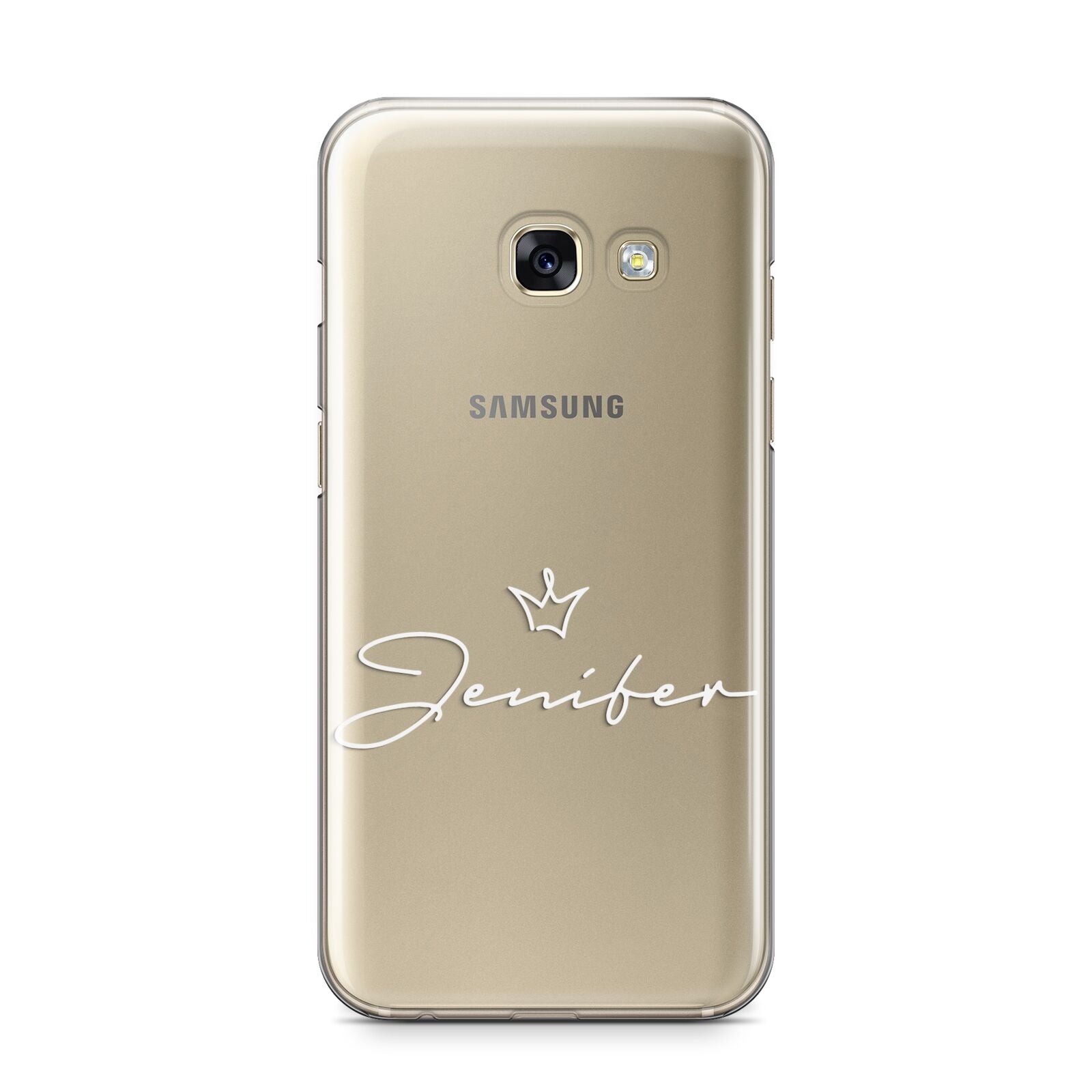 Personalised White Text Transparent Samsung Galaxy A3 2017 Case on gold phone