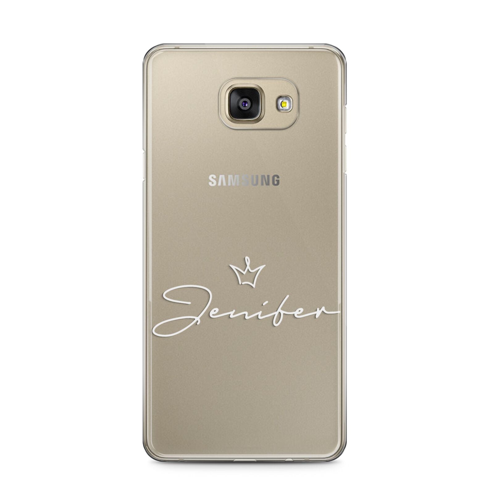 Personalised White Text Transparent Samsung Galaxy A5 2016 Case on gold phone