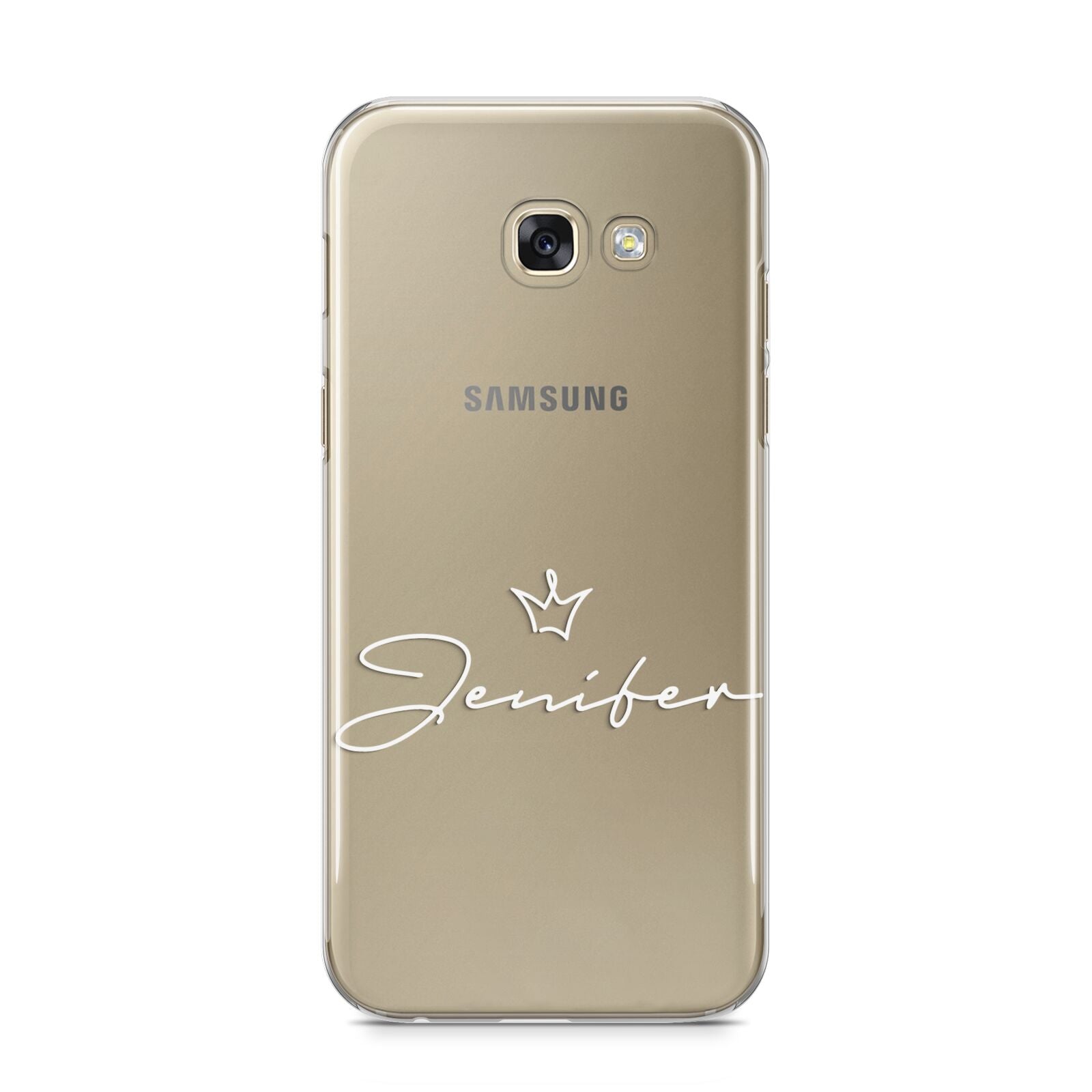 Personalised White Text Transparent Samsung Galaxy A5 2017 Case on gold phone