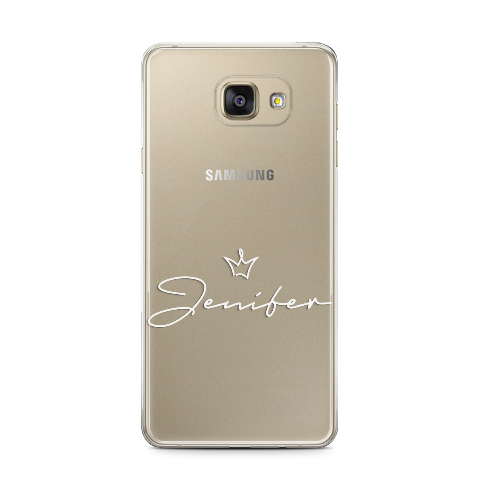 Personalised White Text Transparent Samsung Galaxy A7 2016 Case on gold phone