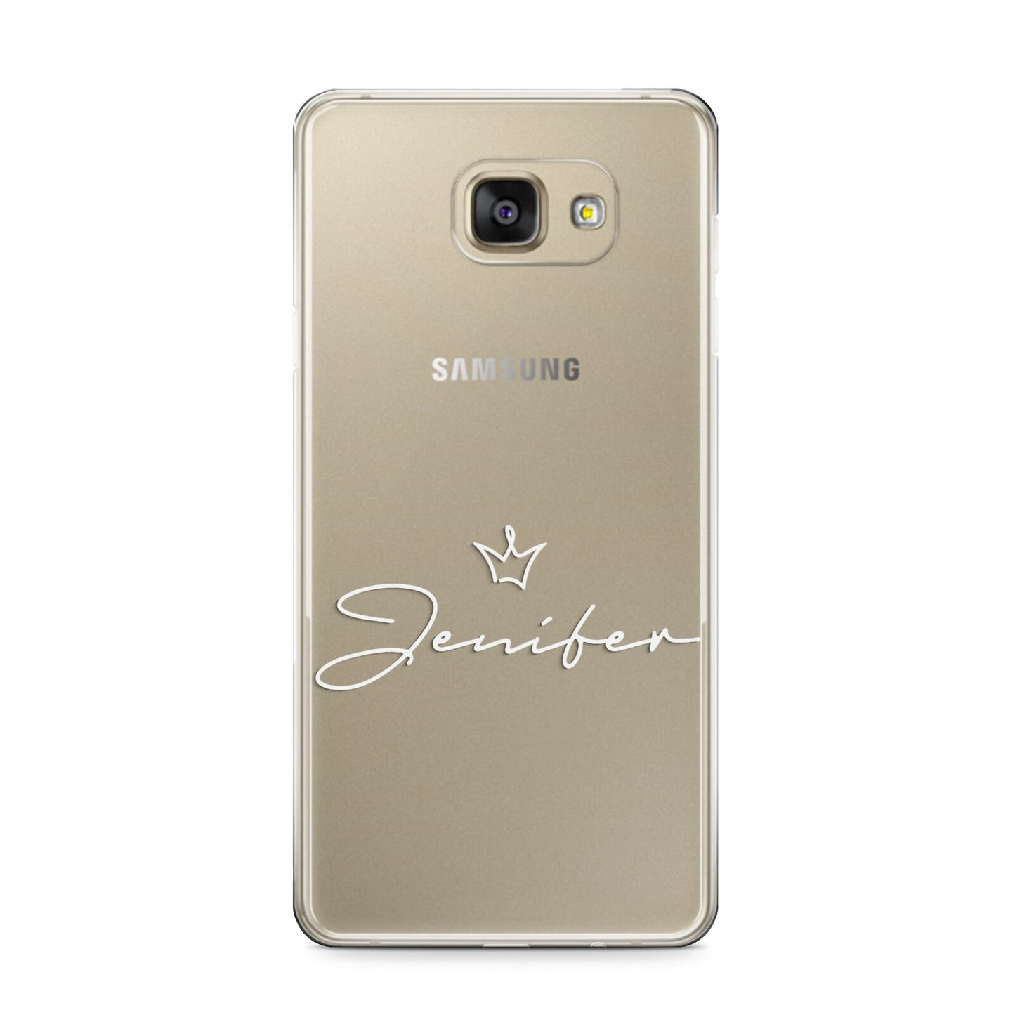 Personalised White Text Transparent Samsung Galaxy A9 2016 Case on gold phone