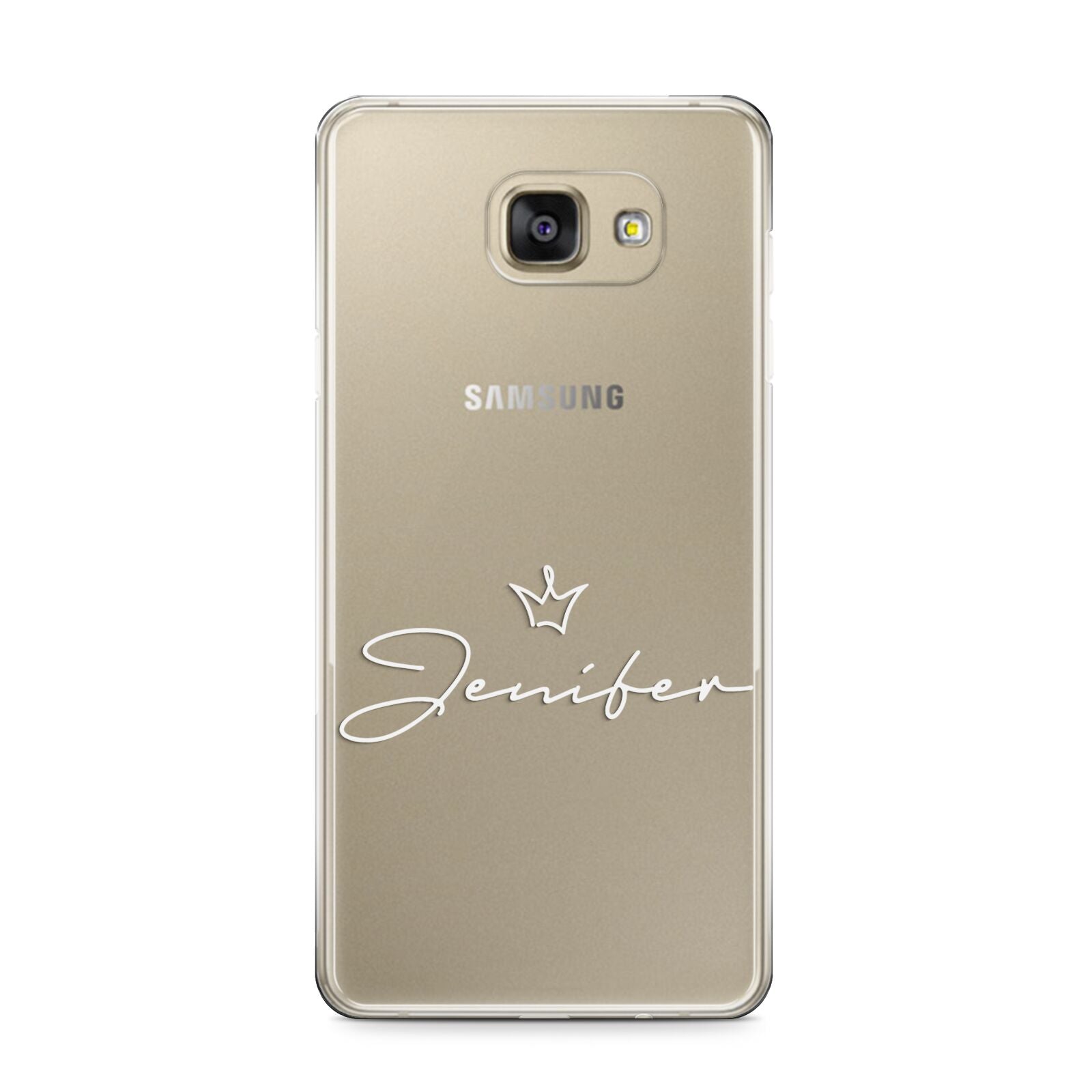 Personalised White Text Transparent Samsung Galaxy A9 2016 Case on gold phone