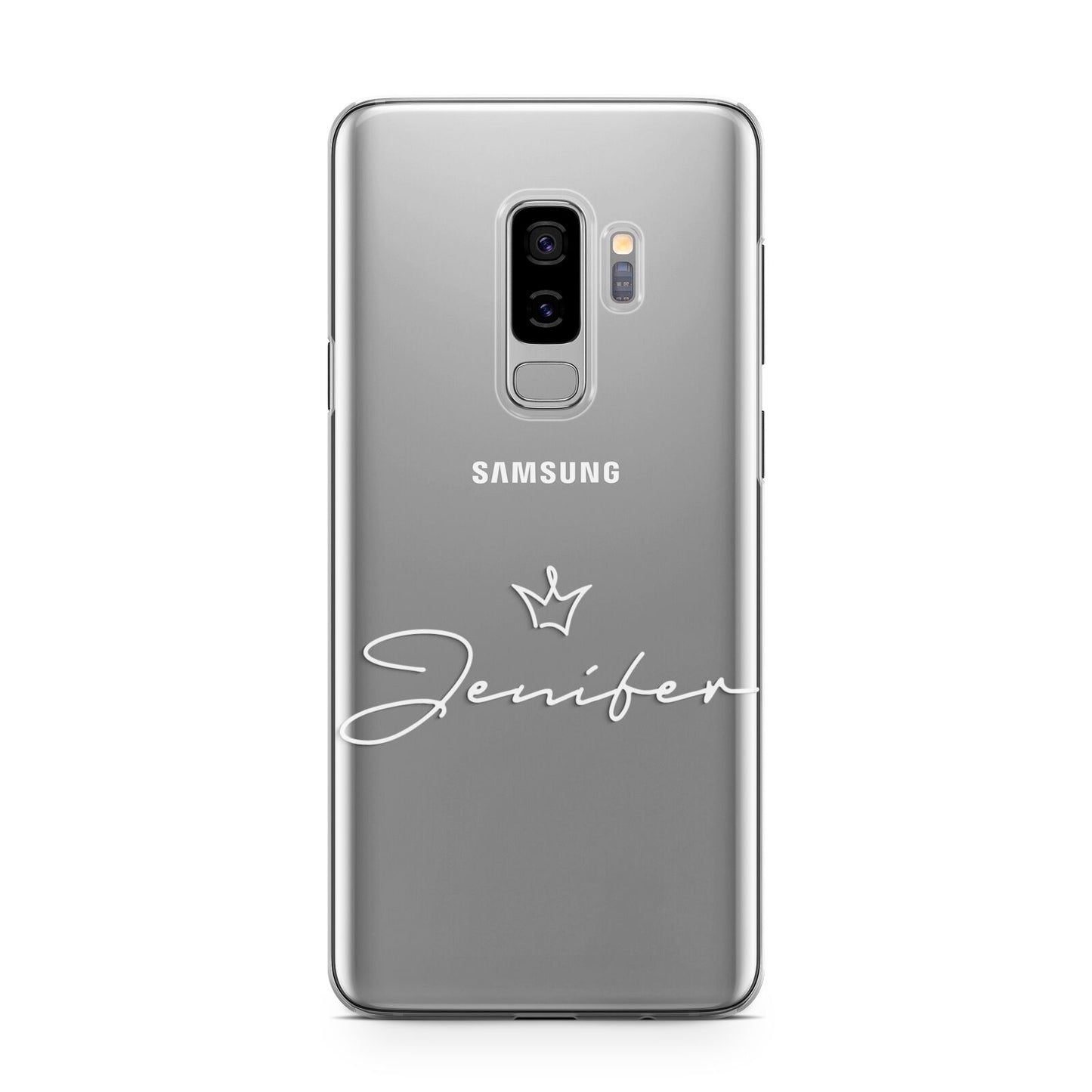 Personalised White Text Transparent Samsung Galaxy S9 Plus Case on Silver phone