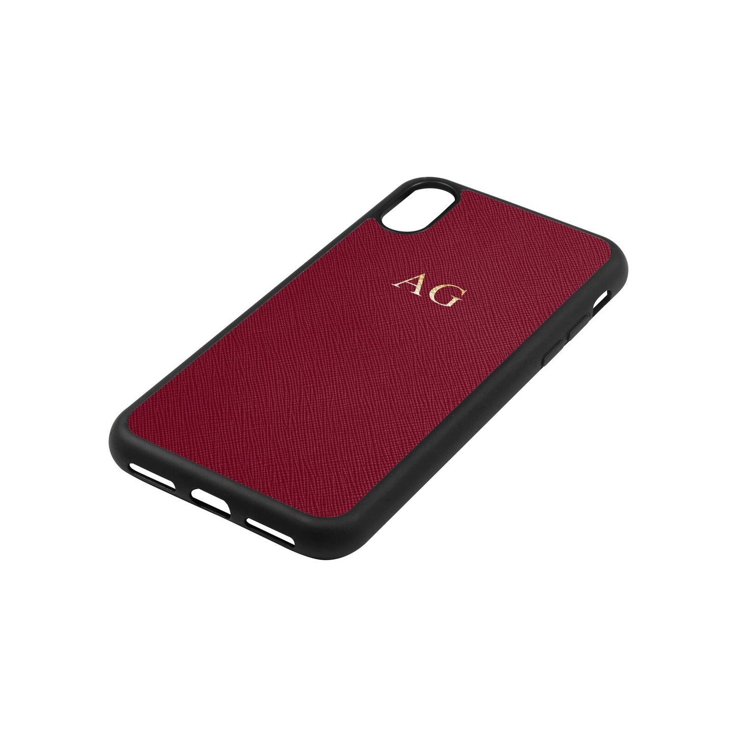 Personalised Wine Red Saffiano Leather iPhone Xs Case Side Angle